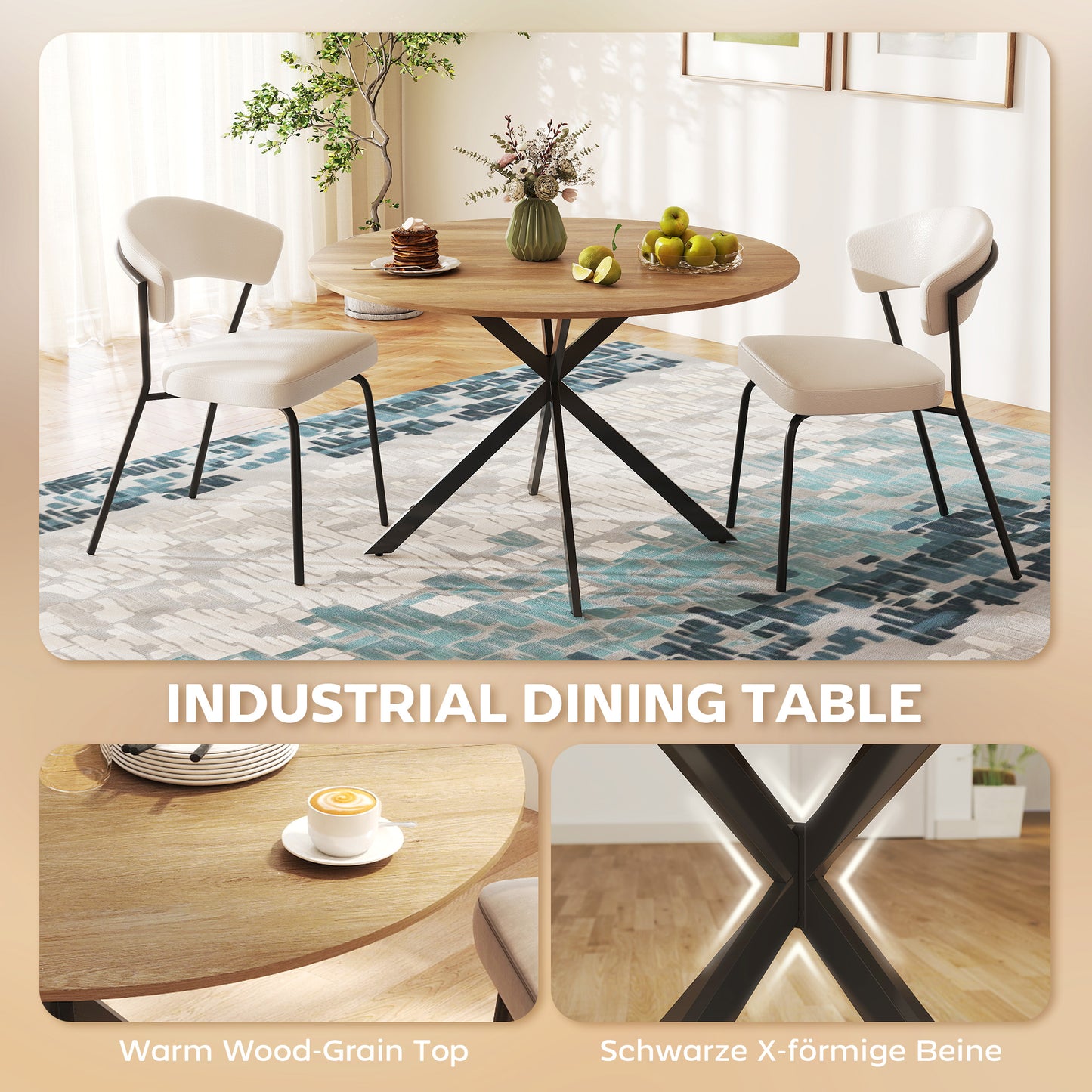 HOMCOM Dining Table For 4, 120 Cm Round Industrial Kitchen Table With Wood Effect Top And Steel Legs, Oak