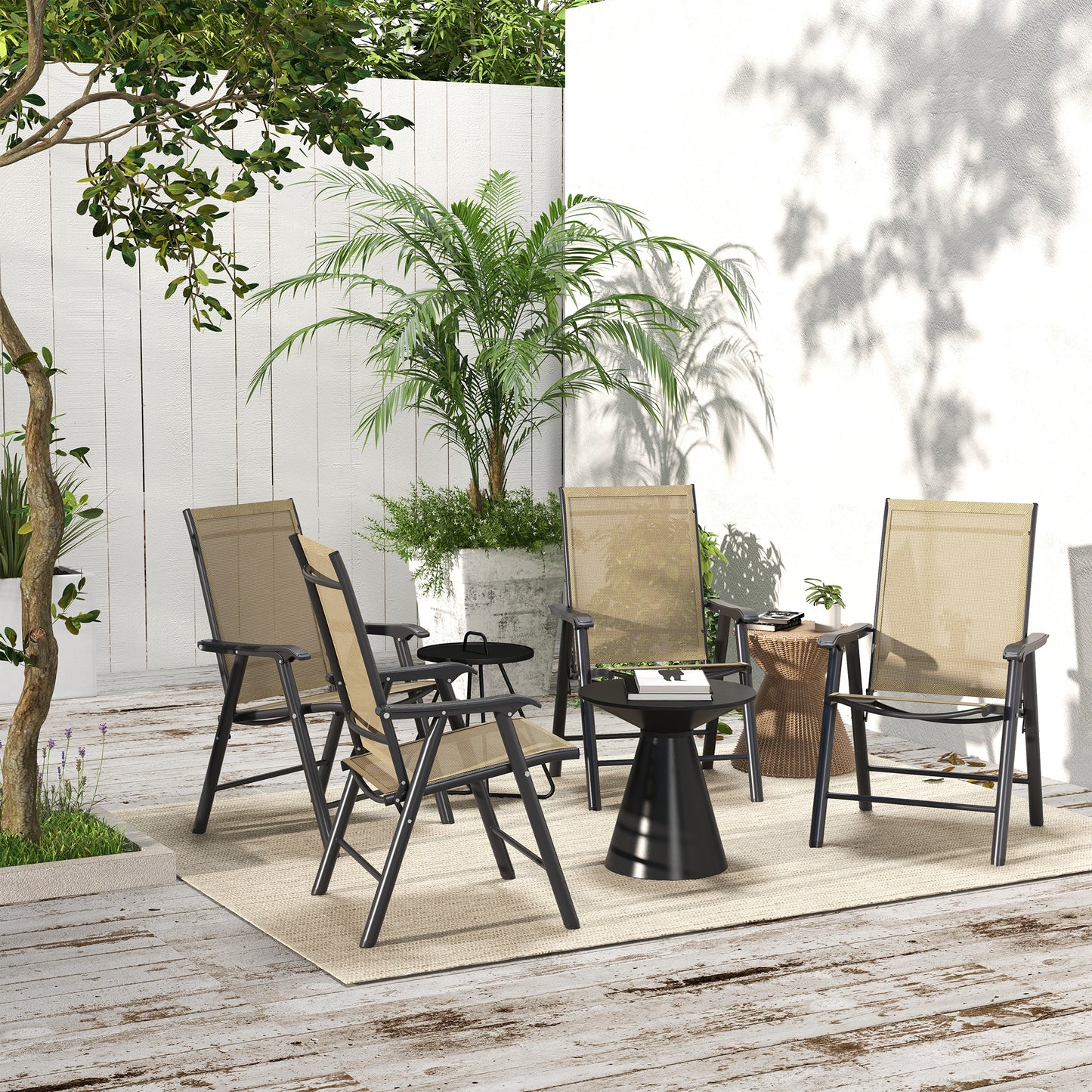 Outsunny Set of Four Folding Garden Chairs Light Brown with Breathable Textilene Panels and Powder Coated Metal Frames