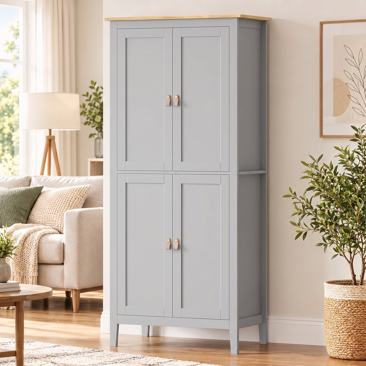 Grey tall pantry cupboard with four doors and small bronze-toned handles