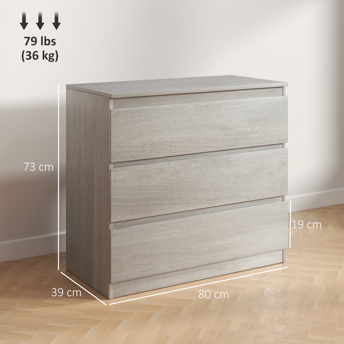 HOMCOM Three Drawer Chest In Grey Wood Effect Made From Particle Board With Flat Top For Bedroom Storage