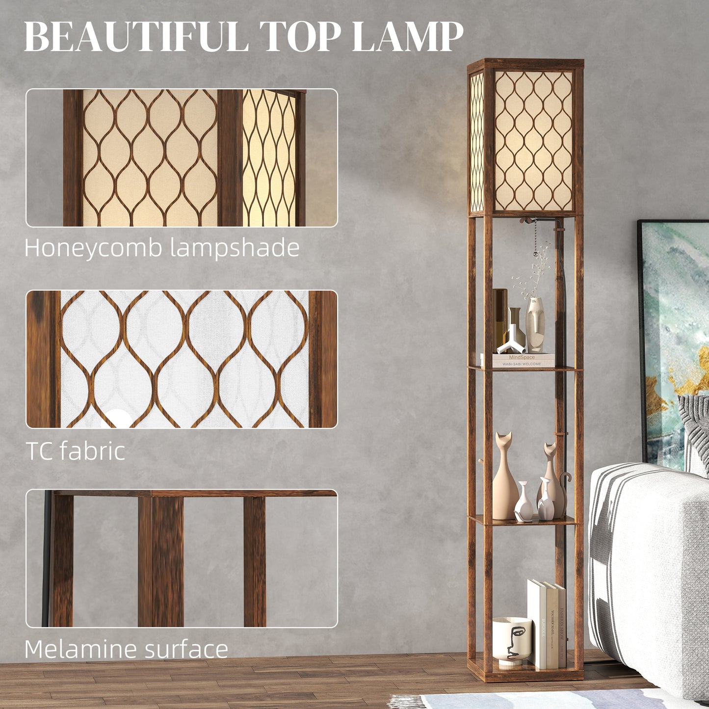 HOMCOM Three Shelf Standing Lamp With Rustic Brown White Finish And Integrated Storage Shelves