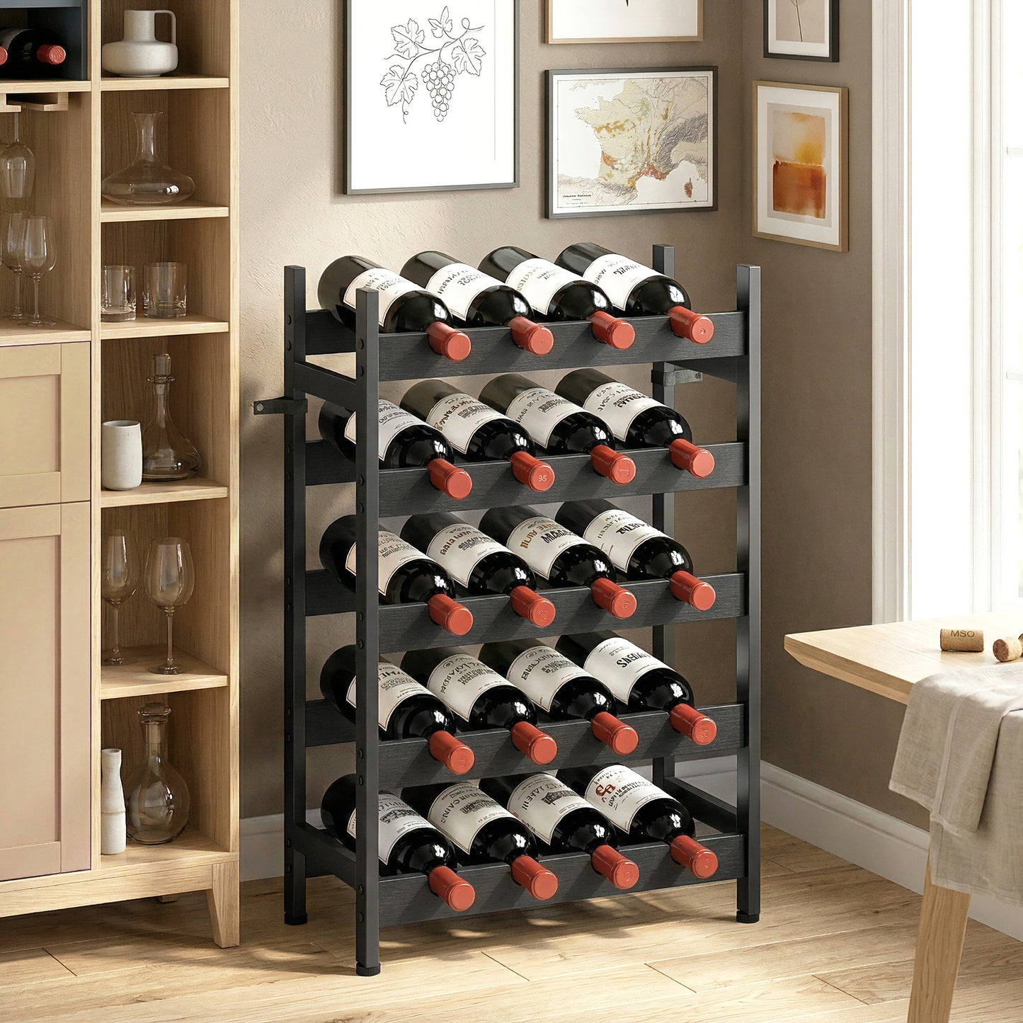 HOMCOM Freestanding 5 Tier Wine Rack Holds 20 Bottles Industrial Steel Bar Cabinet With Adjustable Feet Black