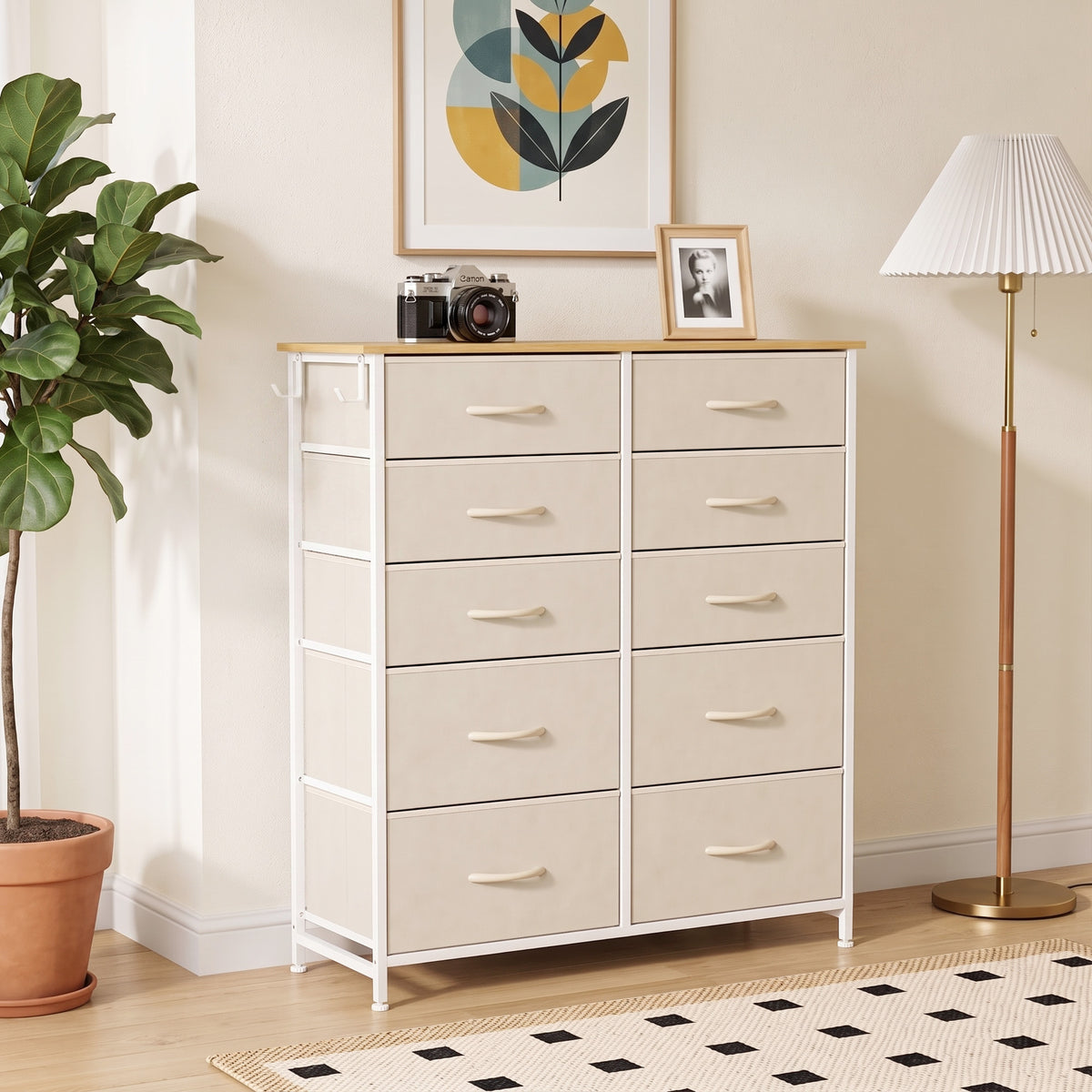 Homcom 10 Drawer Fabric Dresser With Steel Frame And Hooks Beige
