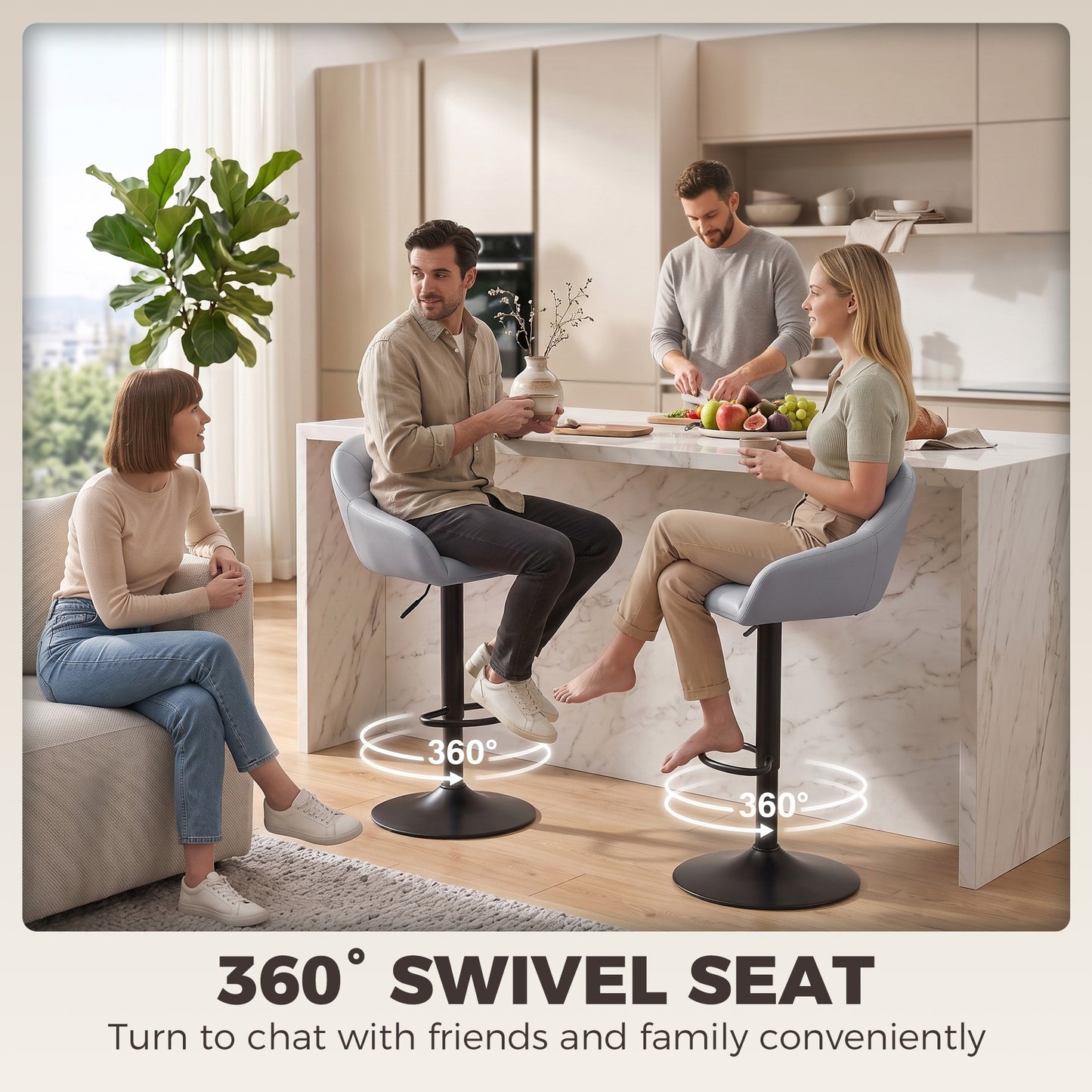 Grey 360° swivel bar stool with padded seat, armrests, and black pedestal base