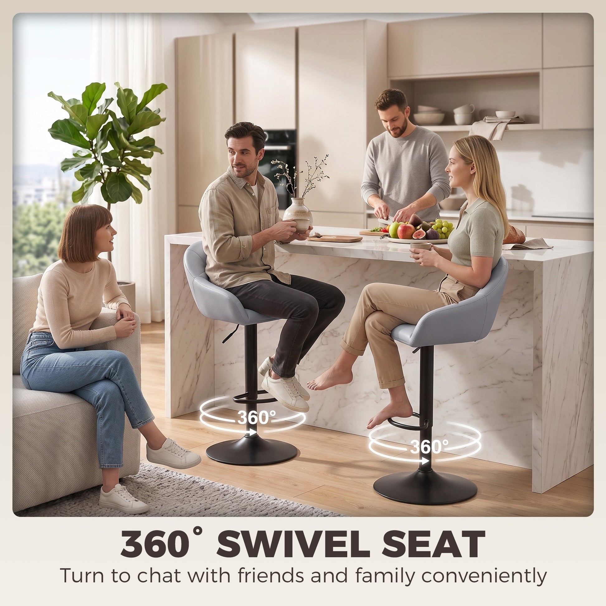 Grey 360° swivel bar stool with padded seat, armrests, and black pedestal base
