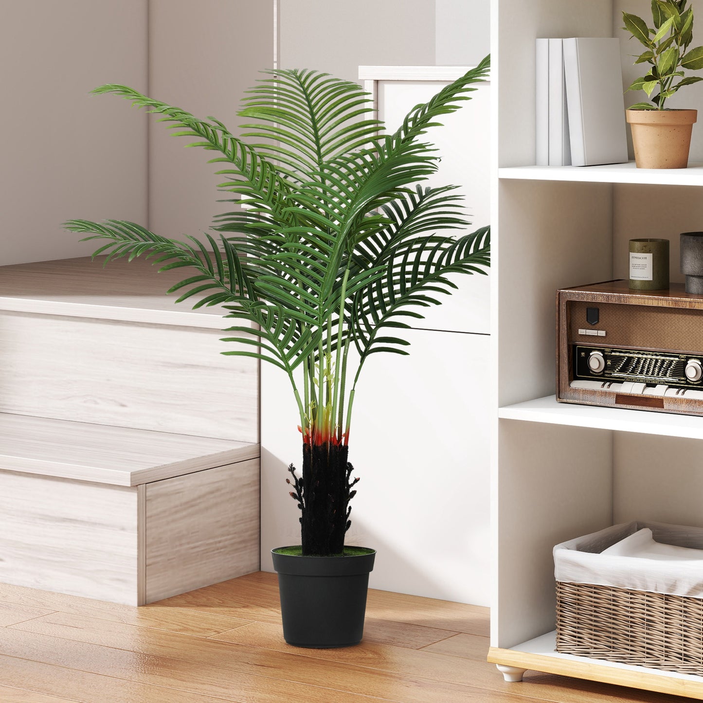 HOMCOM 120cm Artificial Areca Palm Tree With 9 PE Leaves Plastic Pot Flocked Soil Decorative Plant Home Office Green