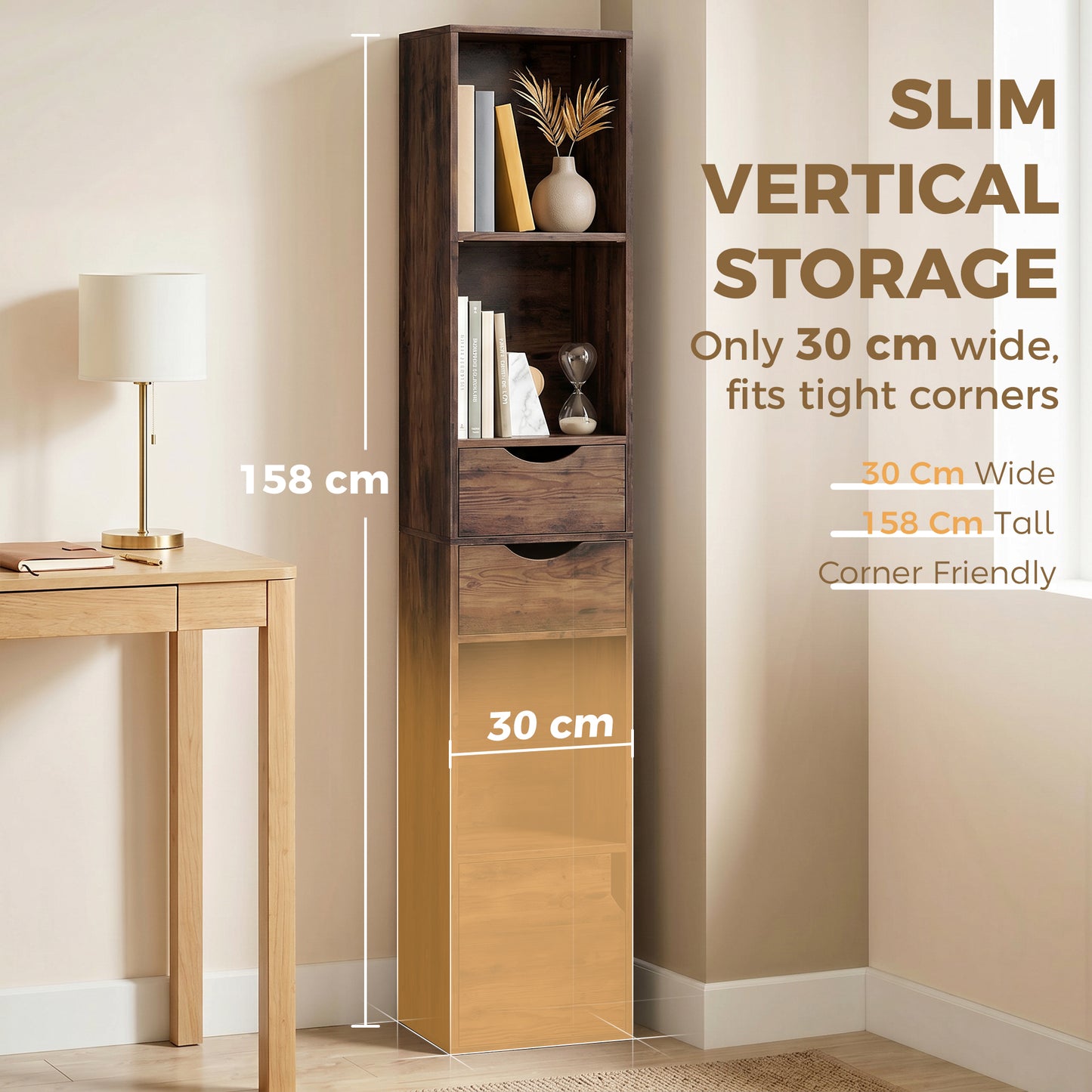 HOMCOM Rustic Brown Bookcase With Two Drawers And Cabinet, Adjustable Shelves, 158 Cm Tall
