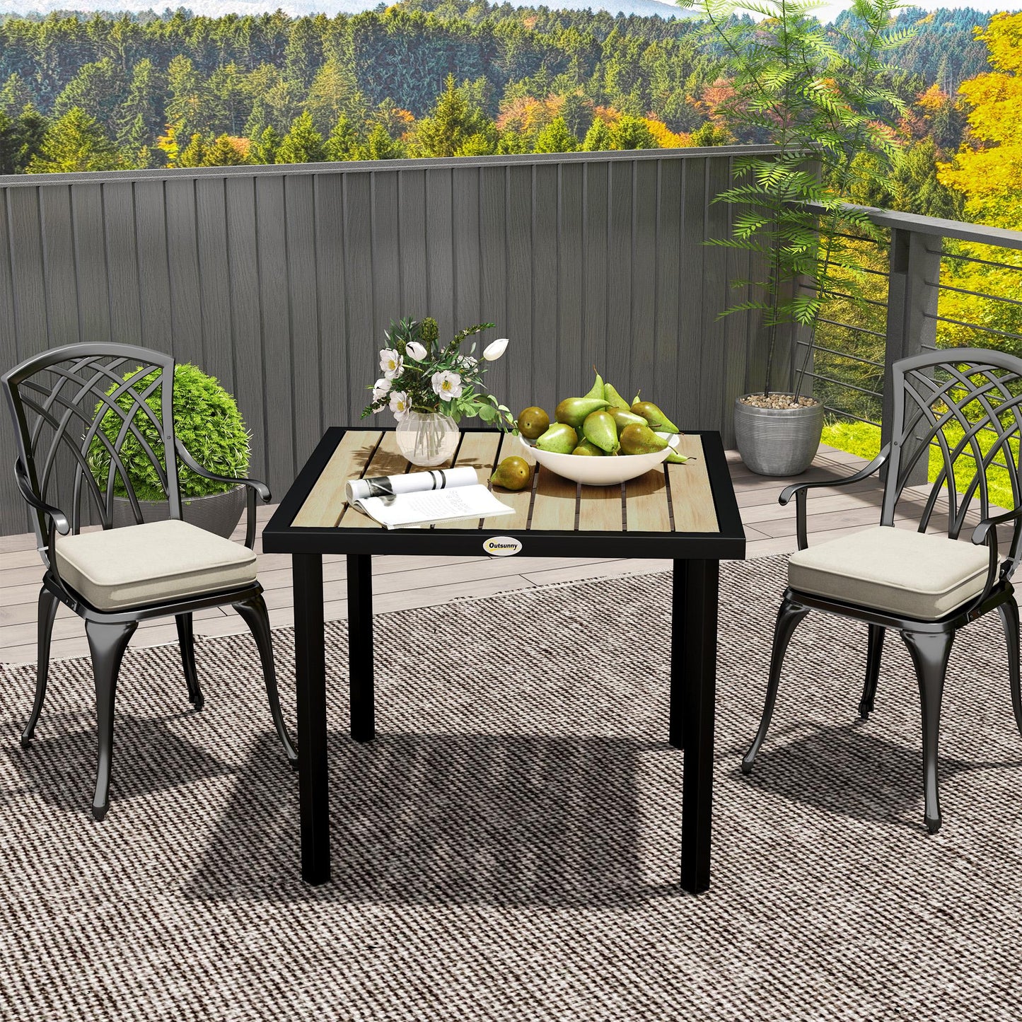 Outsunny Square Garden Dining Table With 54mm Parasol Hole Slatted Top Metal Frame Brown 86x86x71 cm