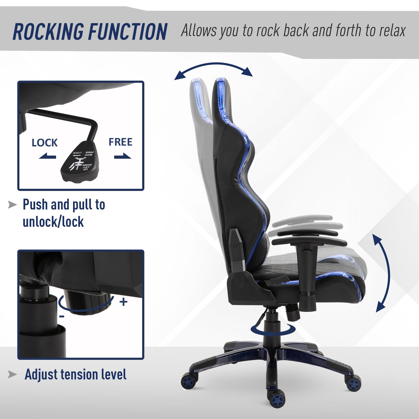 Vinsetto Black & Blue Holographic Gaming Chair - Ergonomic PU Leather Racing Seat with 360° Swivel, Adjustable Features, and Back Support Pillows - ALL4U RETAILER LTD