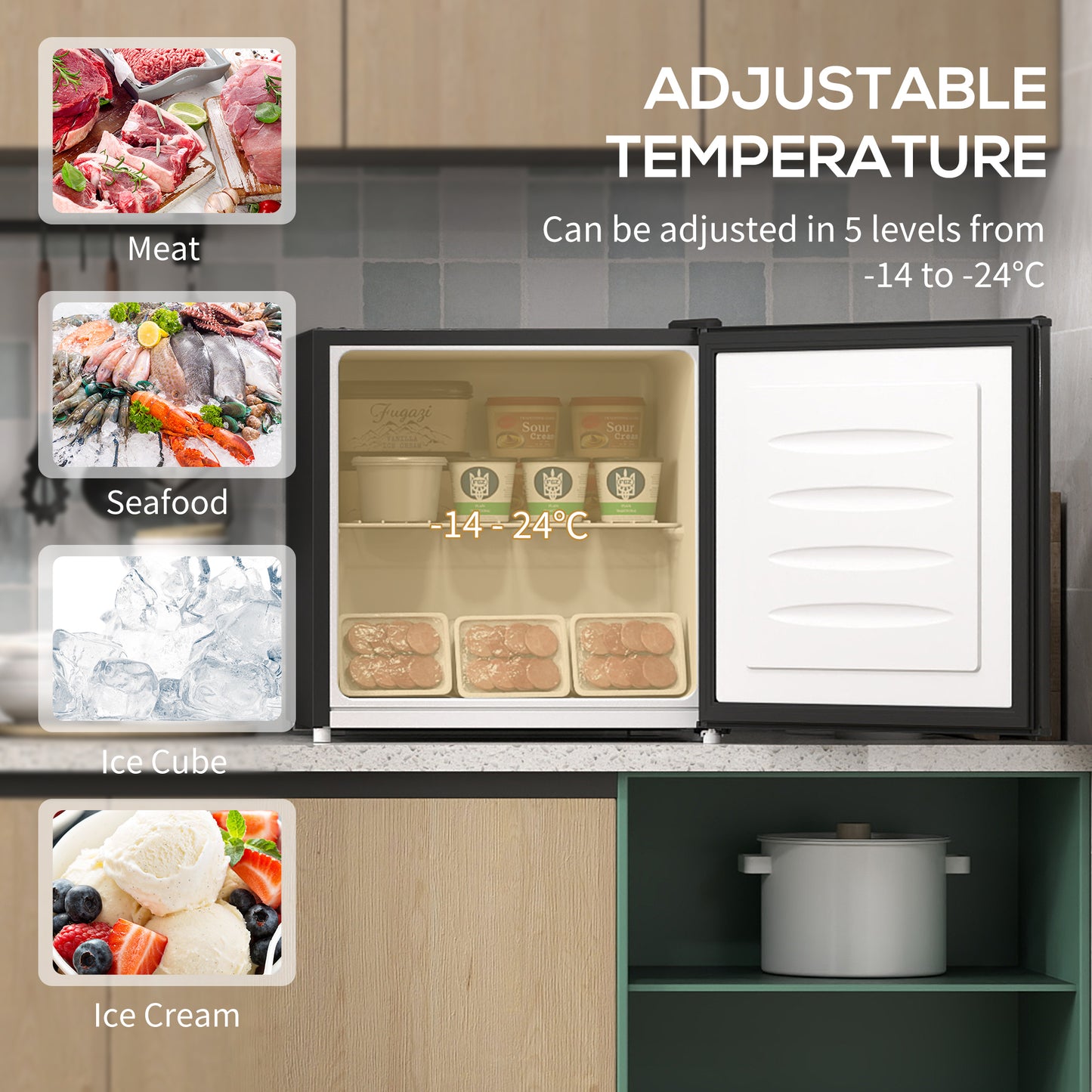 Homcom 35L Mini Freezer With 35 Liter Capacity, Temperature Range -24F To -14F, Black, Compact Countertop Freezer