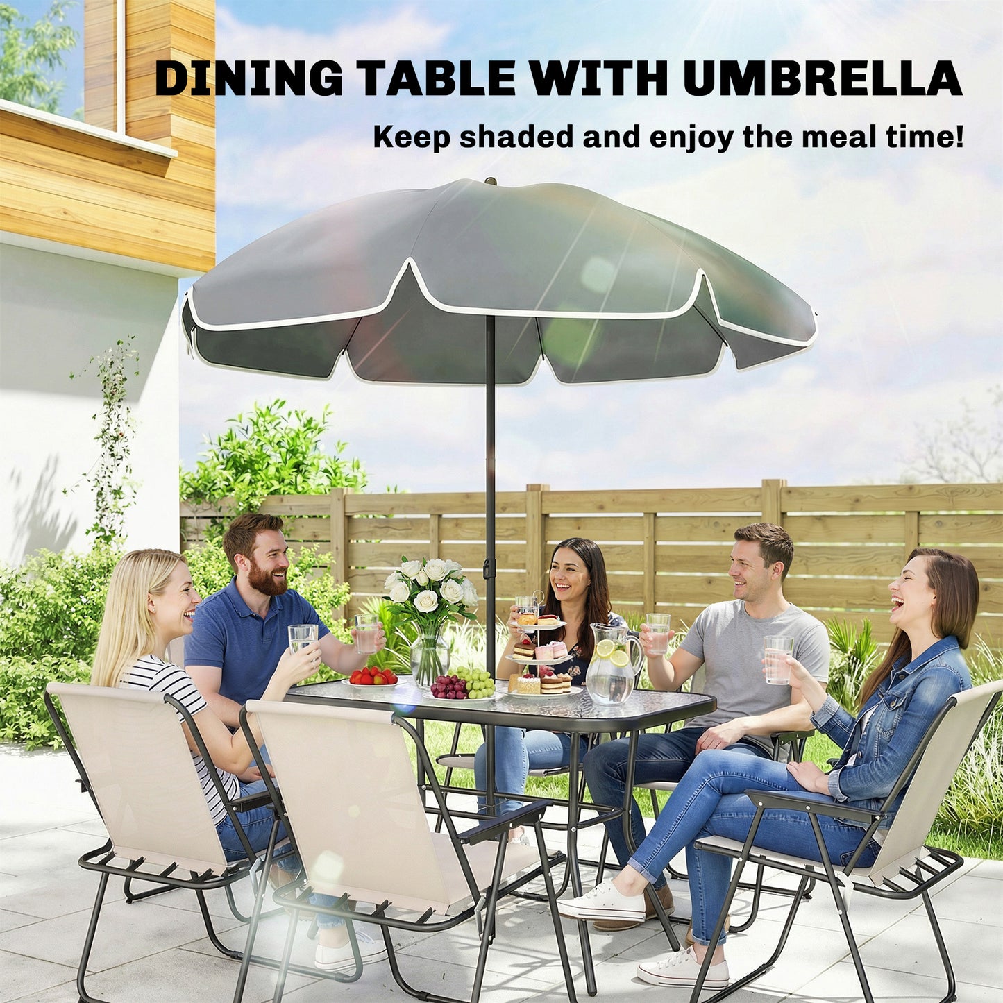 Outsunny 8 Piece Garden Dining Set With Umbrella, 6 Folding Chairs, Tempered Glass Table For Patio Cream