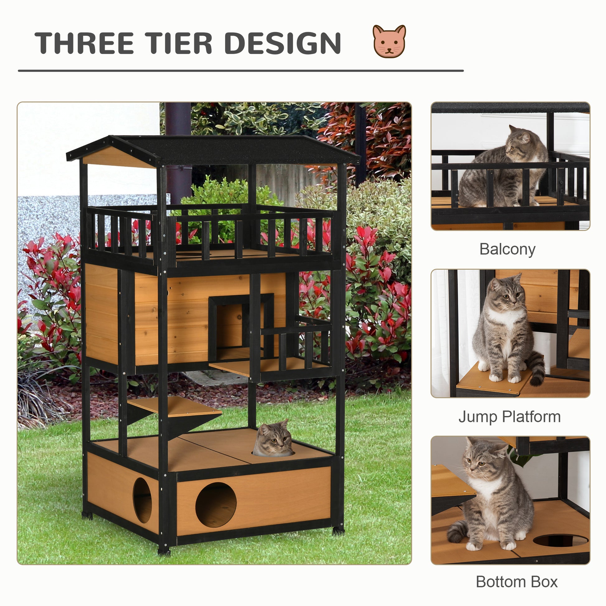 PawHut Three-Tier Outdoor Wooden Cat House with Balcony and Elevated Base - Yellow - ALL4U RETAILER LTD