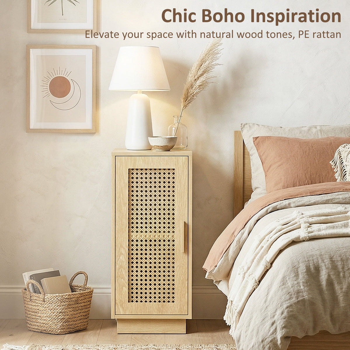 Single slim rattan door nightstand with lattice front and lamp on top