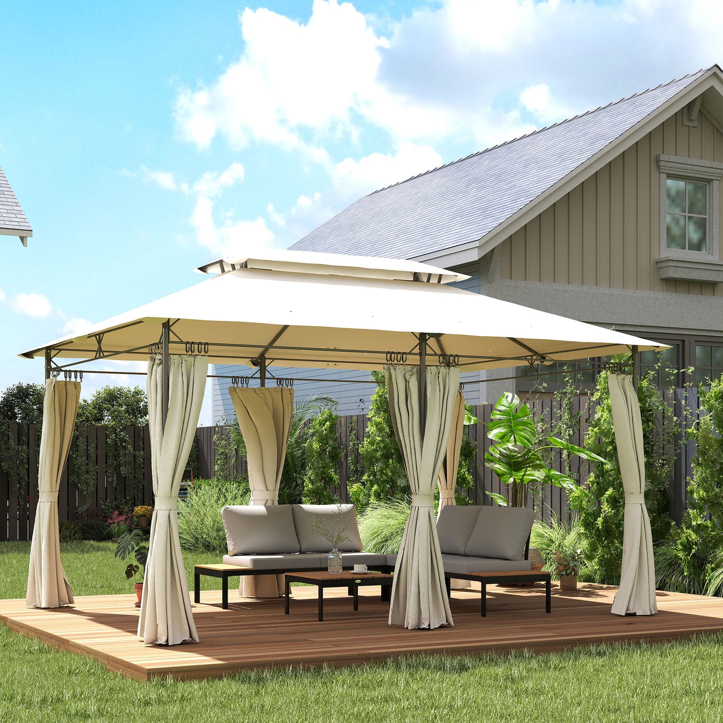 Outsunny 3x4m Metal Frame Gazebo With Two Tier Roof Cream White Garden Canopy For Outdoor Parties