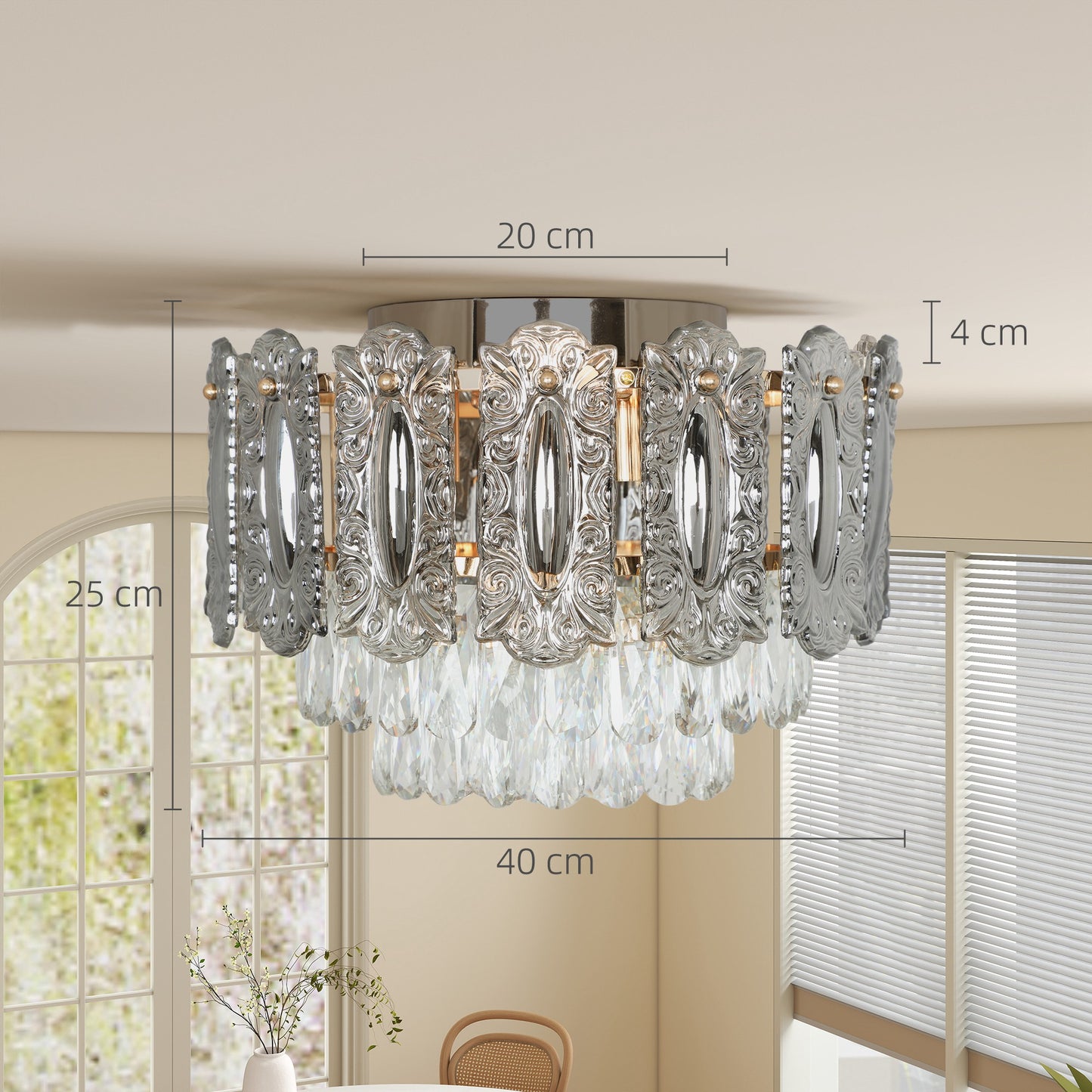 HOMCOM Chandelier Ceiling Light 3 Light Flush Mount LED Fixture With Dual Crystal And Smoke Glass Shade Gold Tone