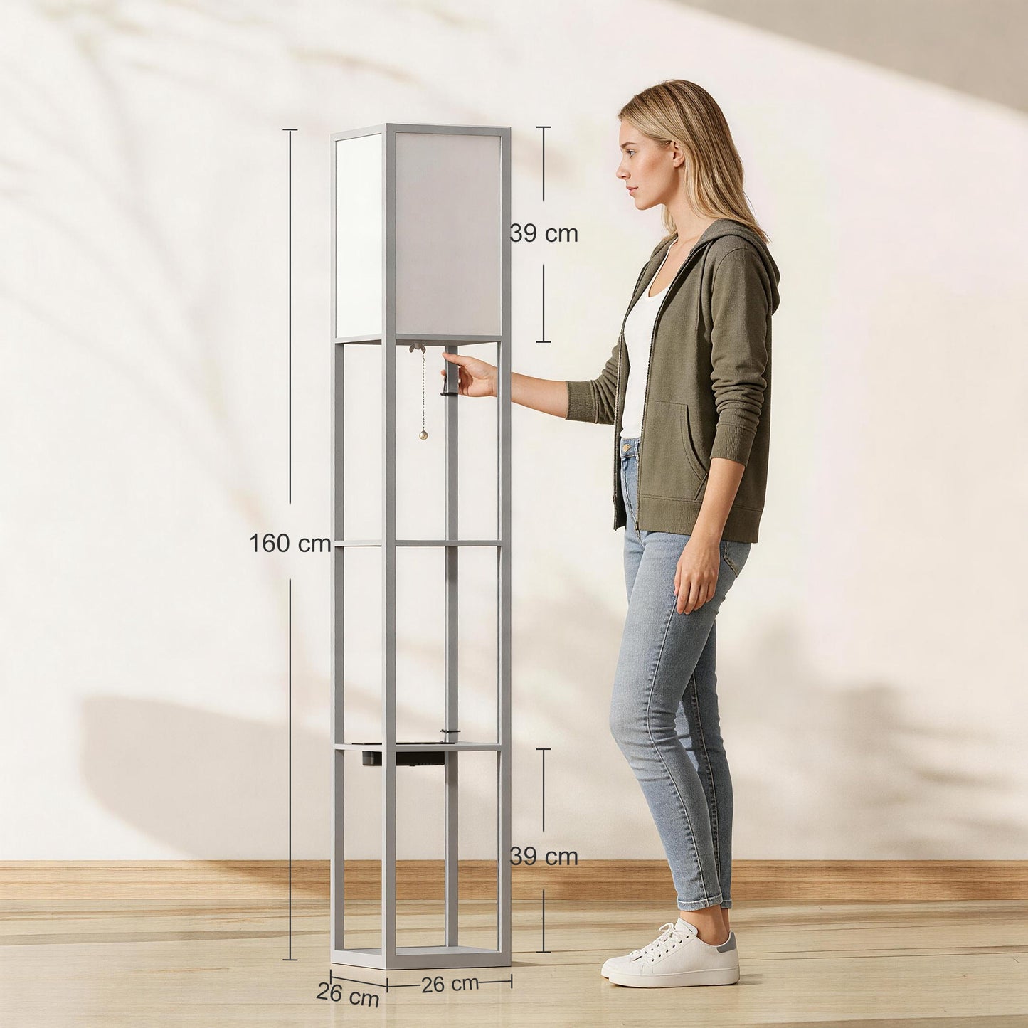 HOMCOM Floor Lamp With Shelves Three Tier Column Modern Standing Lamp For Living Room Bedroom Office Grey