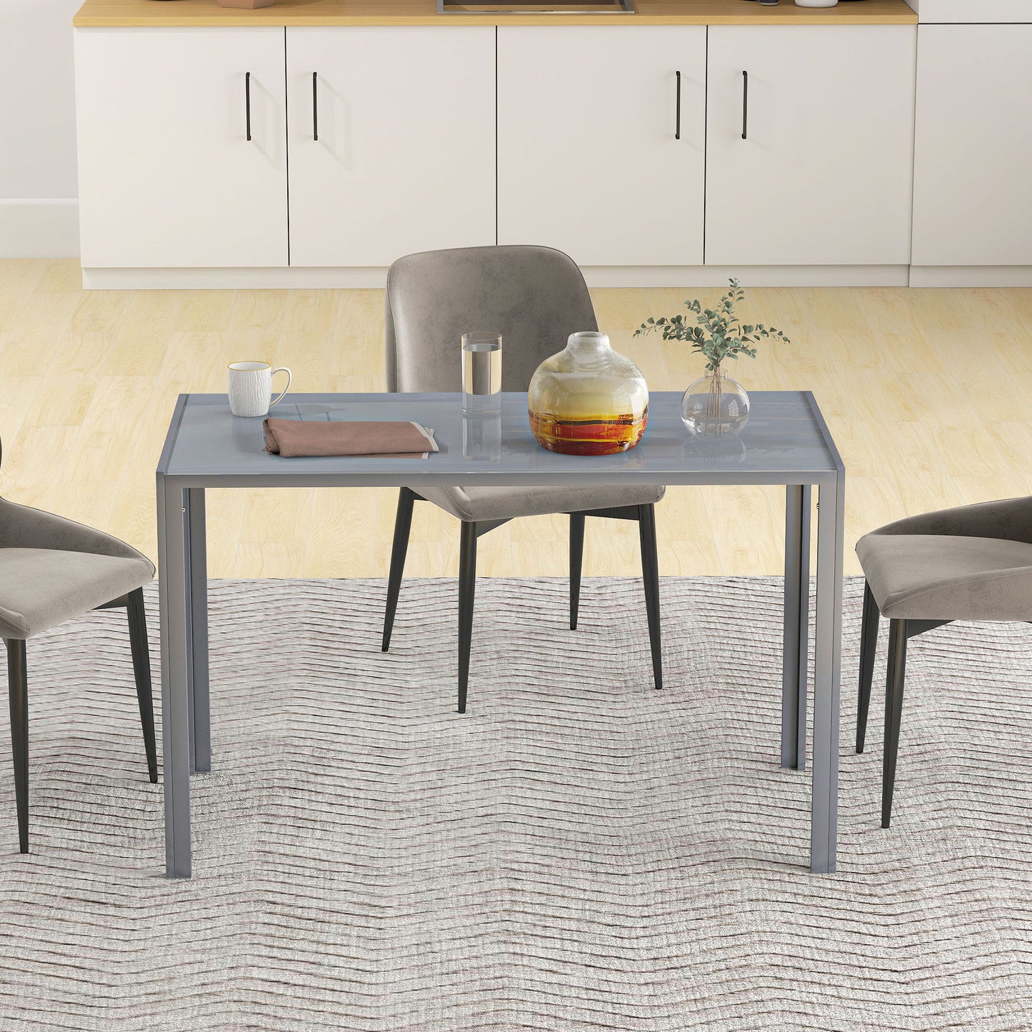 HOMCOM 120cm Dining Table Rectangle 4 Seater Kitchen Table With Tempered Glass Top And Metal Legs Grey