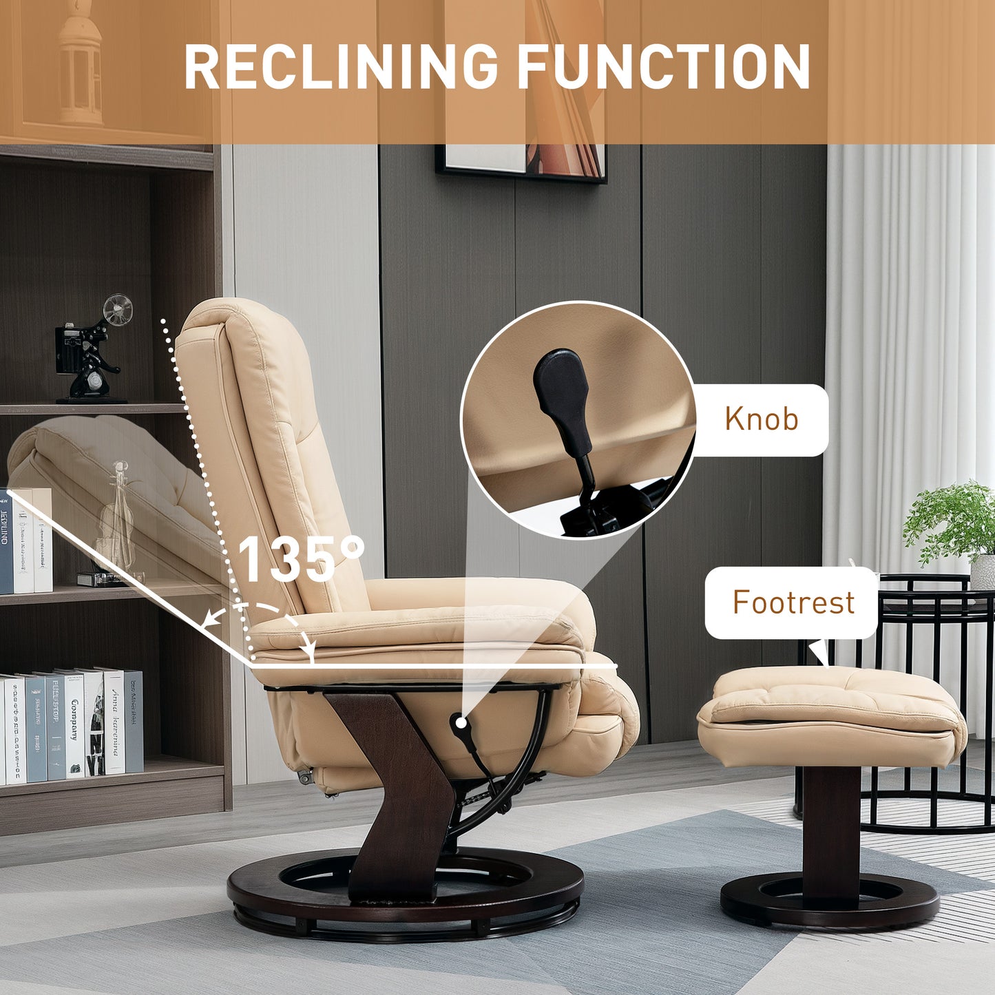 HOMCOM Faux Leather 135 Degree Reclining Chair and Footstool Beige Lounge Set for Ultimate Relaxation