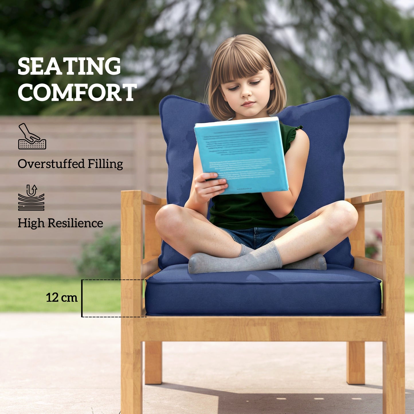 Outsunny Outdoor Seat and Back Padded Cushion Set Two Cushions Dark Blue for Patio Garden Lounge