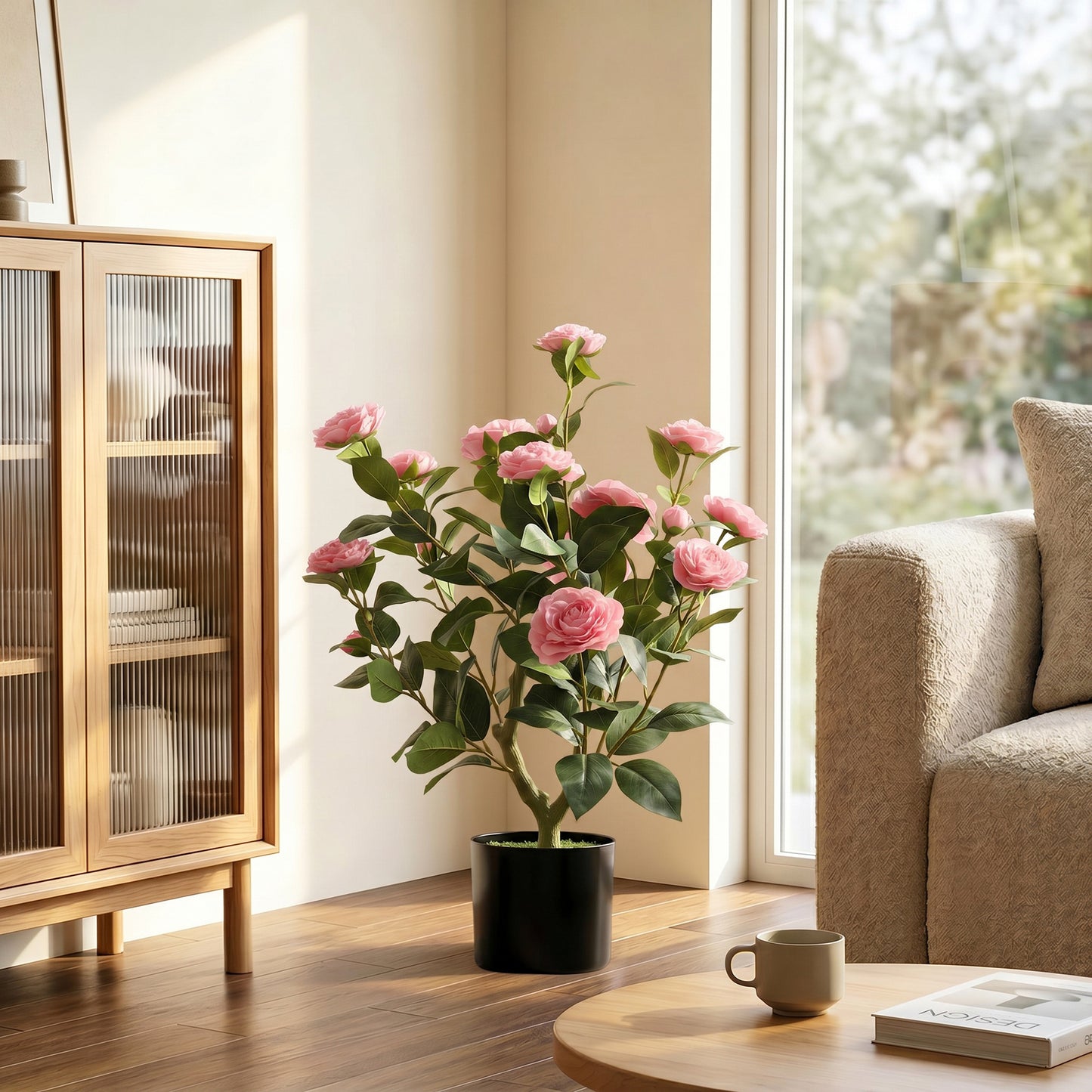 HOMCOM 65cm Artificial Camellia Flower in Pot with 116 Lush Leaves and Moss Effect Weighted Base Pink
