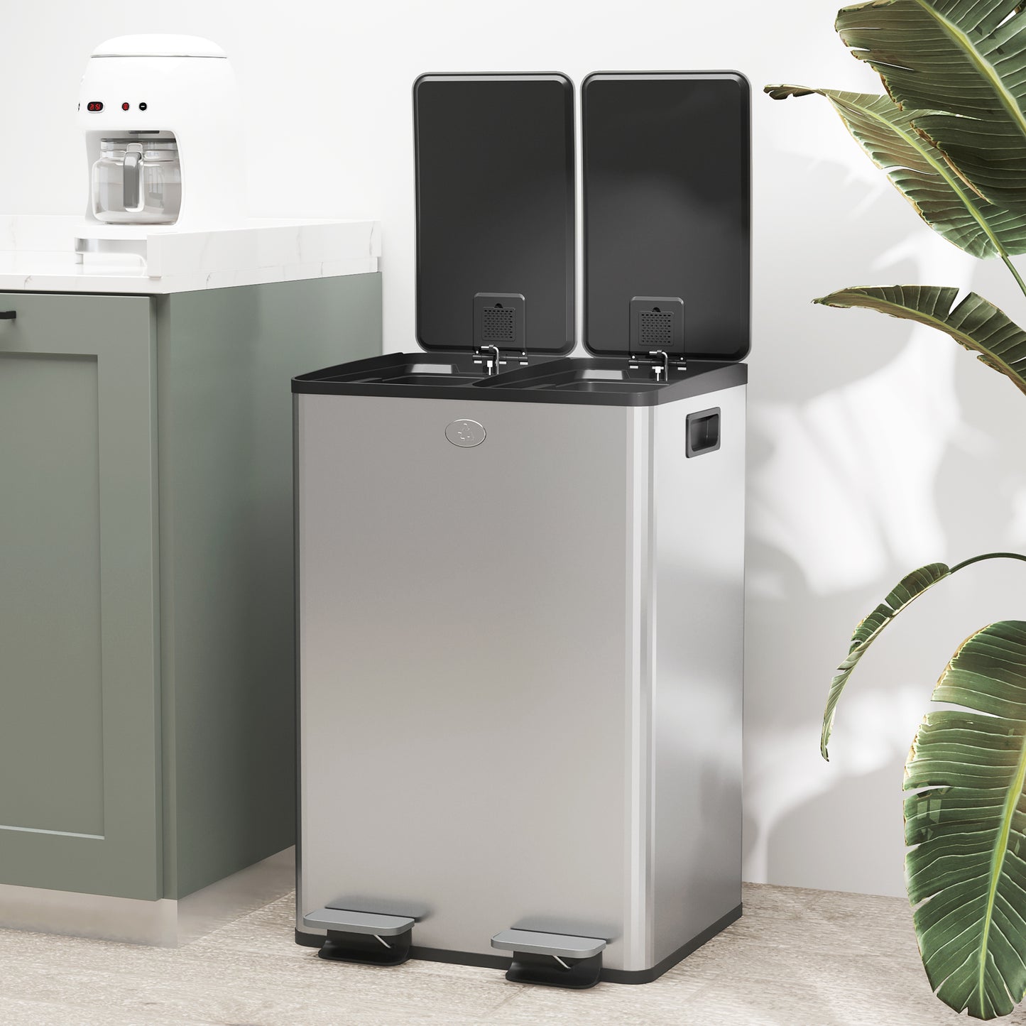 HOMCOM 56L Dual Compartment Stainless Steel Bin With Deodoriser Holders Silver Tone