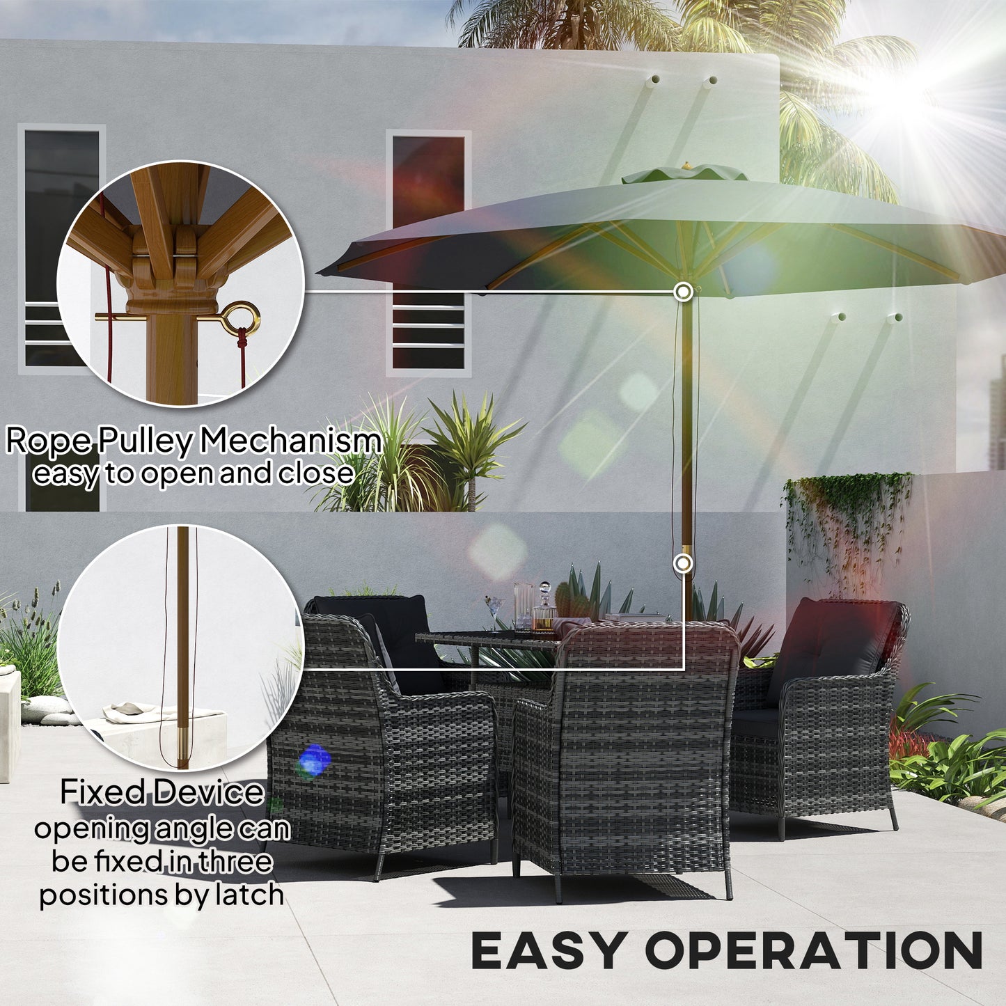 Outsunny 3m Wood Pole Parasol Umbrella Grey With Vented Canopy And Rope Pull Mechanism