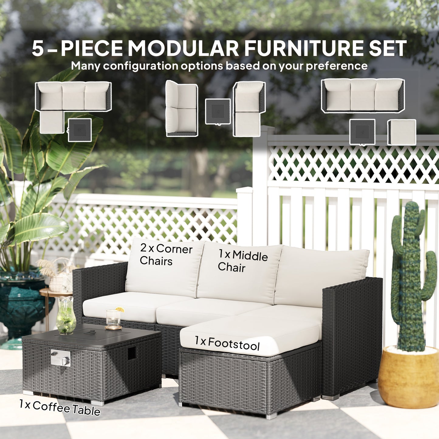 Outsunny Five Piece Rattan Garden Furniture Set With Gas Fire Pit Table And Footstool In Black And Cream White