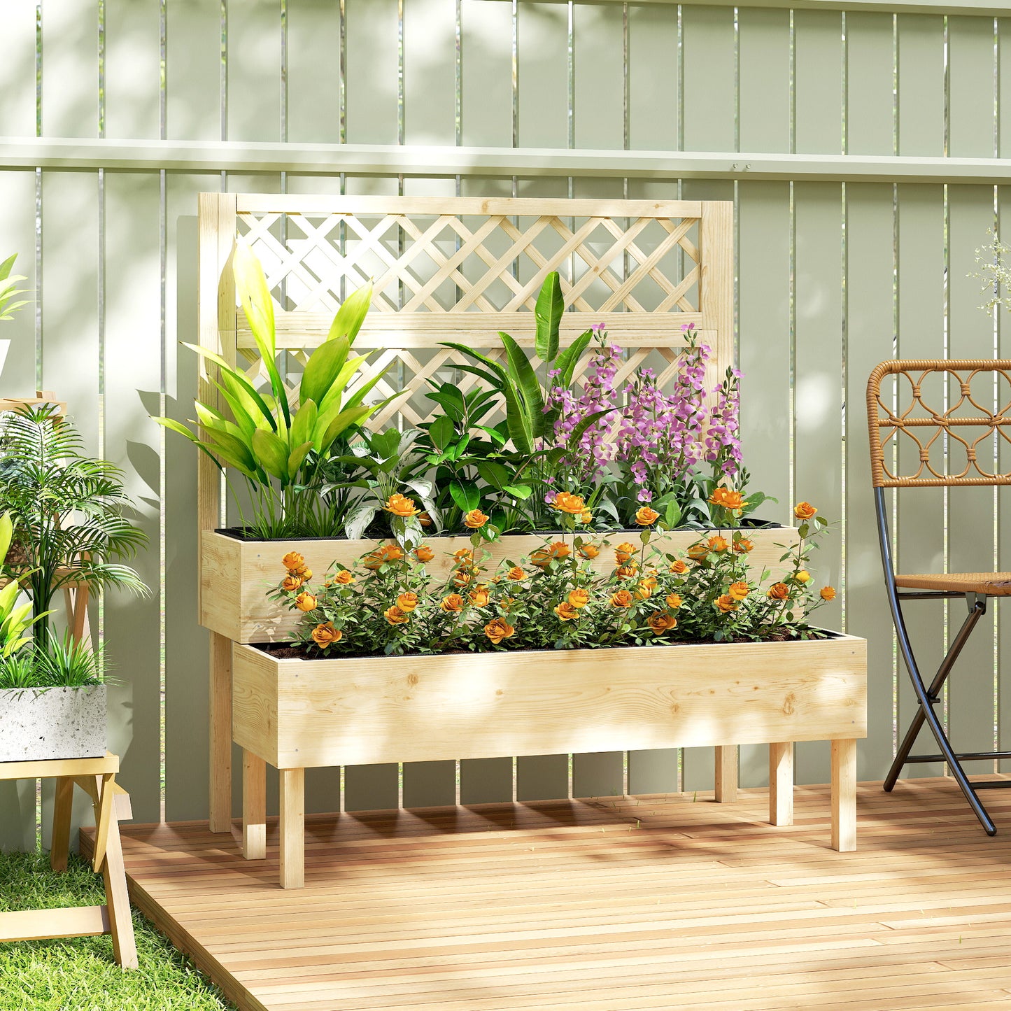 Outsunny Raised Garden Bed 2 Tier Stepped Design Planter Box With Trellis For Climbing Plants 108x62x120 Cm