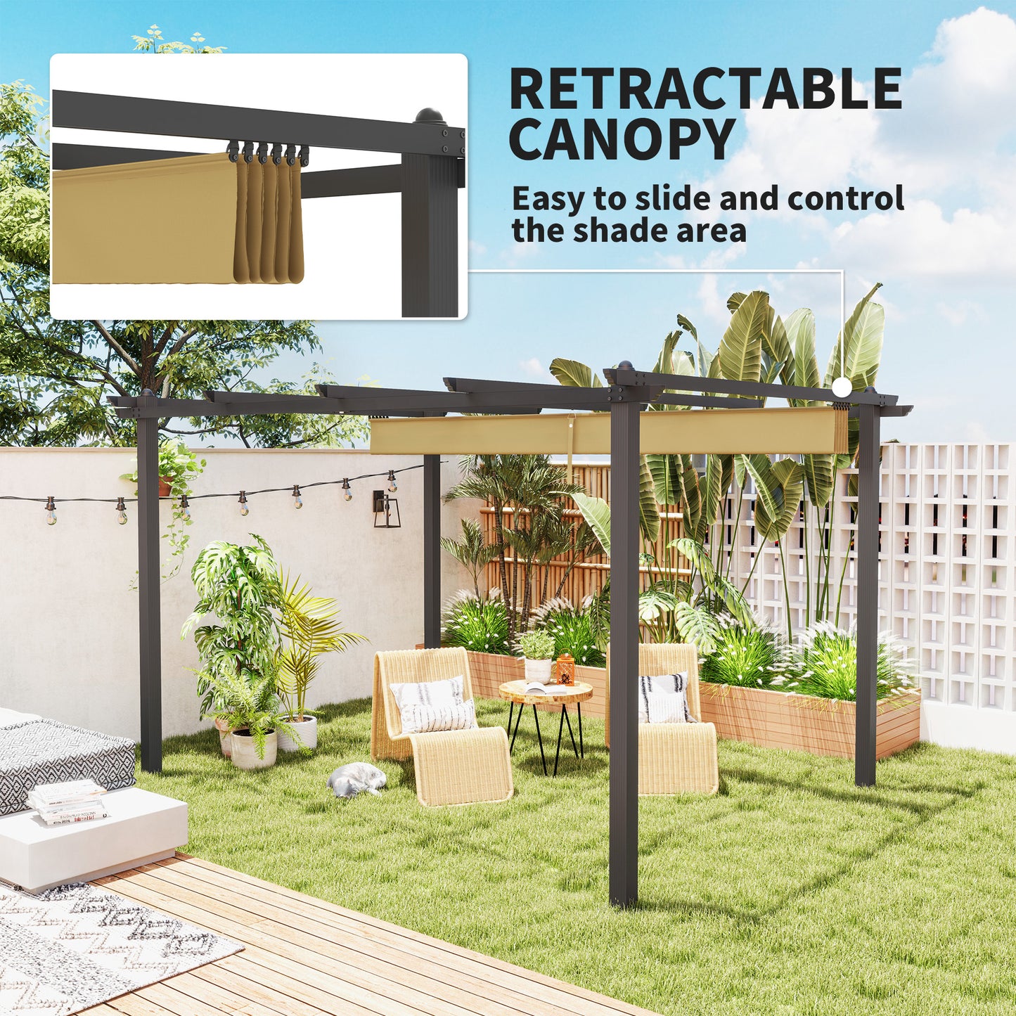 Outsunny 3 x 4m Aluminium Pergola With Retractable Roof Khaki for Patio Or Garden