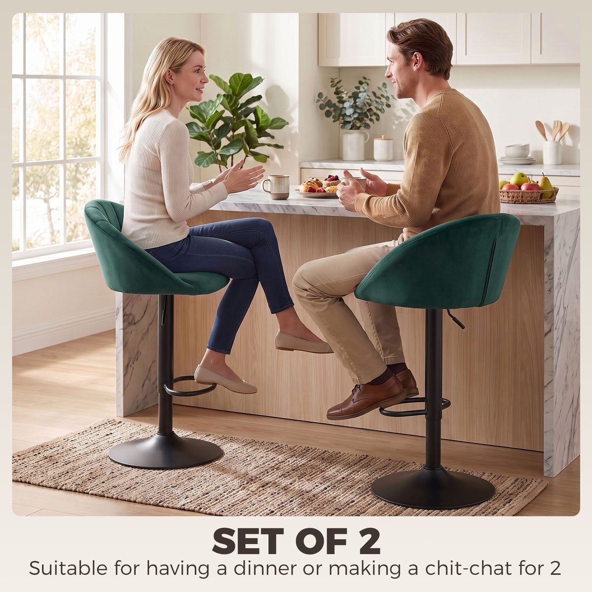 Set of 2 dark green velvet bar stools with swivel seats and backrests