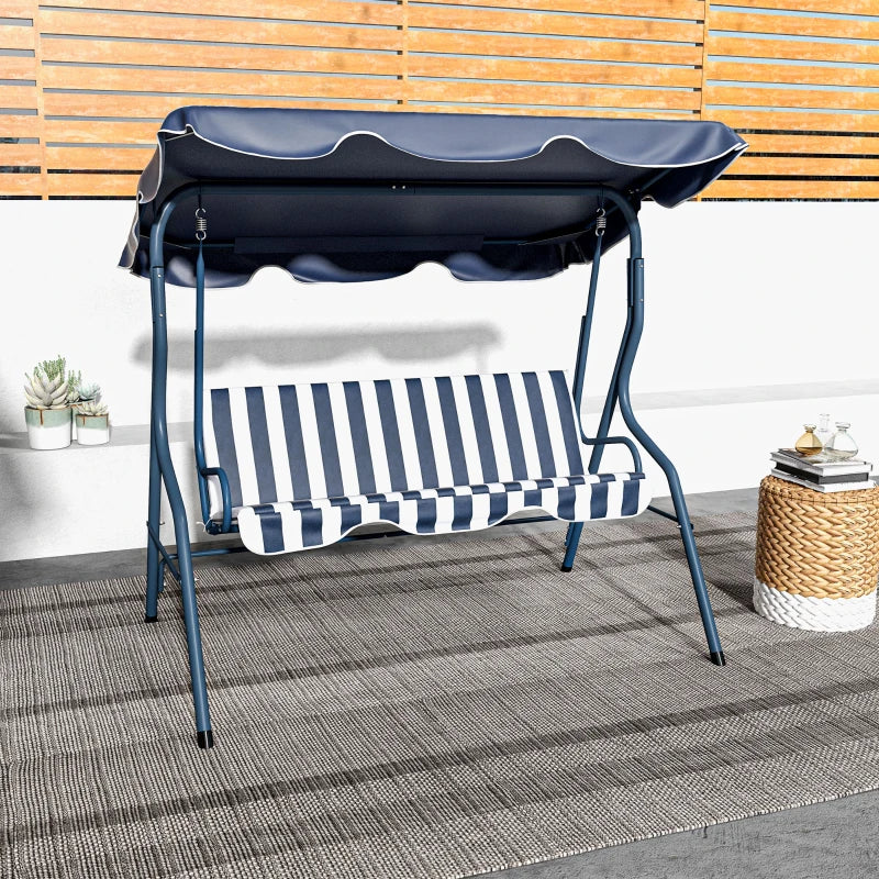 Outsunny 3 Seater Garden Swing Seat Chair Outdoor Bench with Adjustable Canopy and Metal Frame - Blue Stripes | Patio Swing for Relaxation and Comfort - ALL4U RETAILER LTD