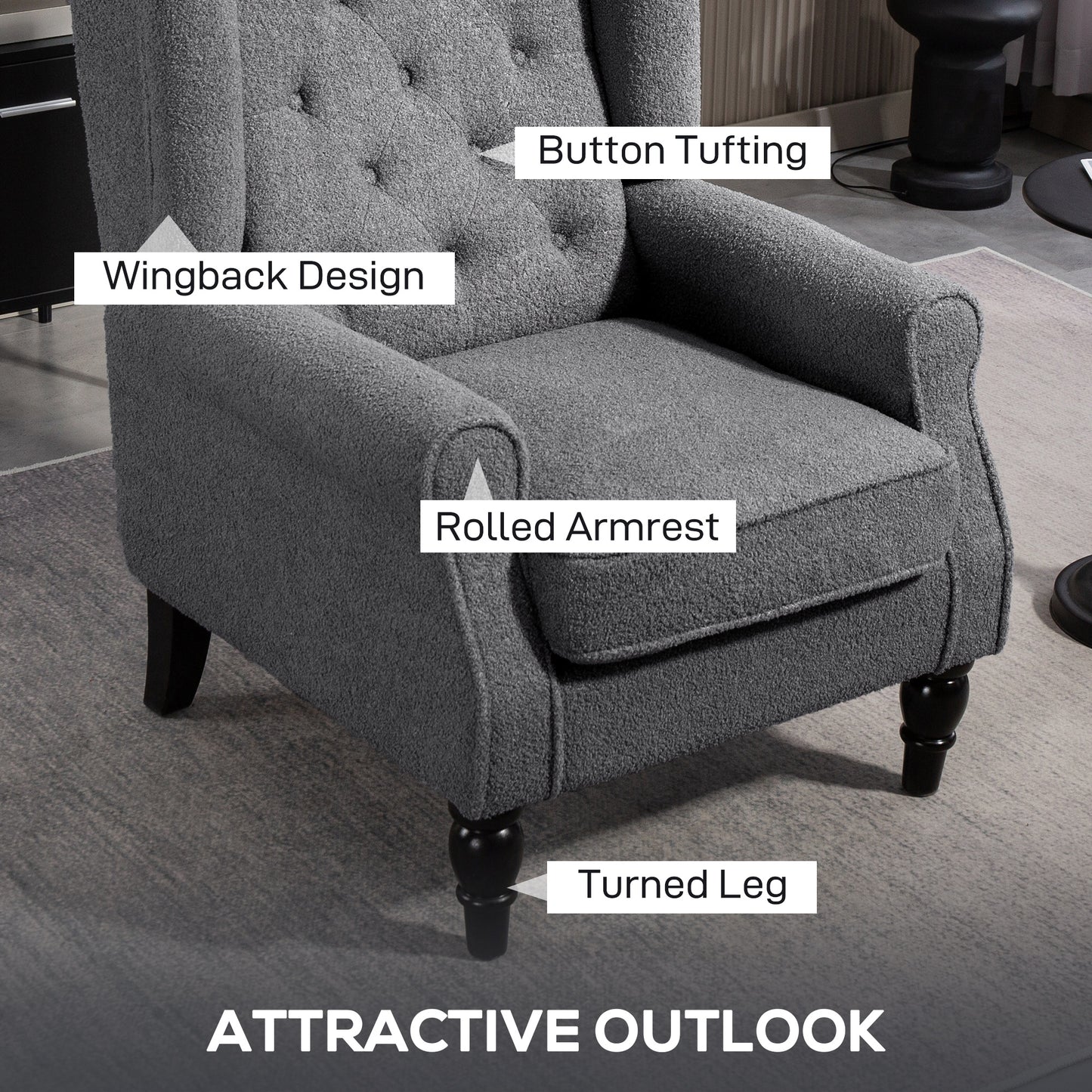HOMCOM Teddy Fleece Retro Wingback Chair Grey With Tufted Backrest Supports Up To 160kg And Solid Wood Frame