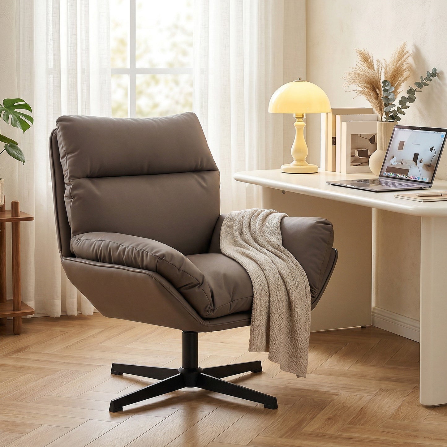 HOMCOM Accent Chair 360 Swivel Armchair For Living Room With Padded Cushion Cat Scratch Resistant Fabric Dark Brown