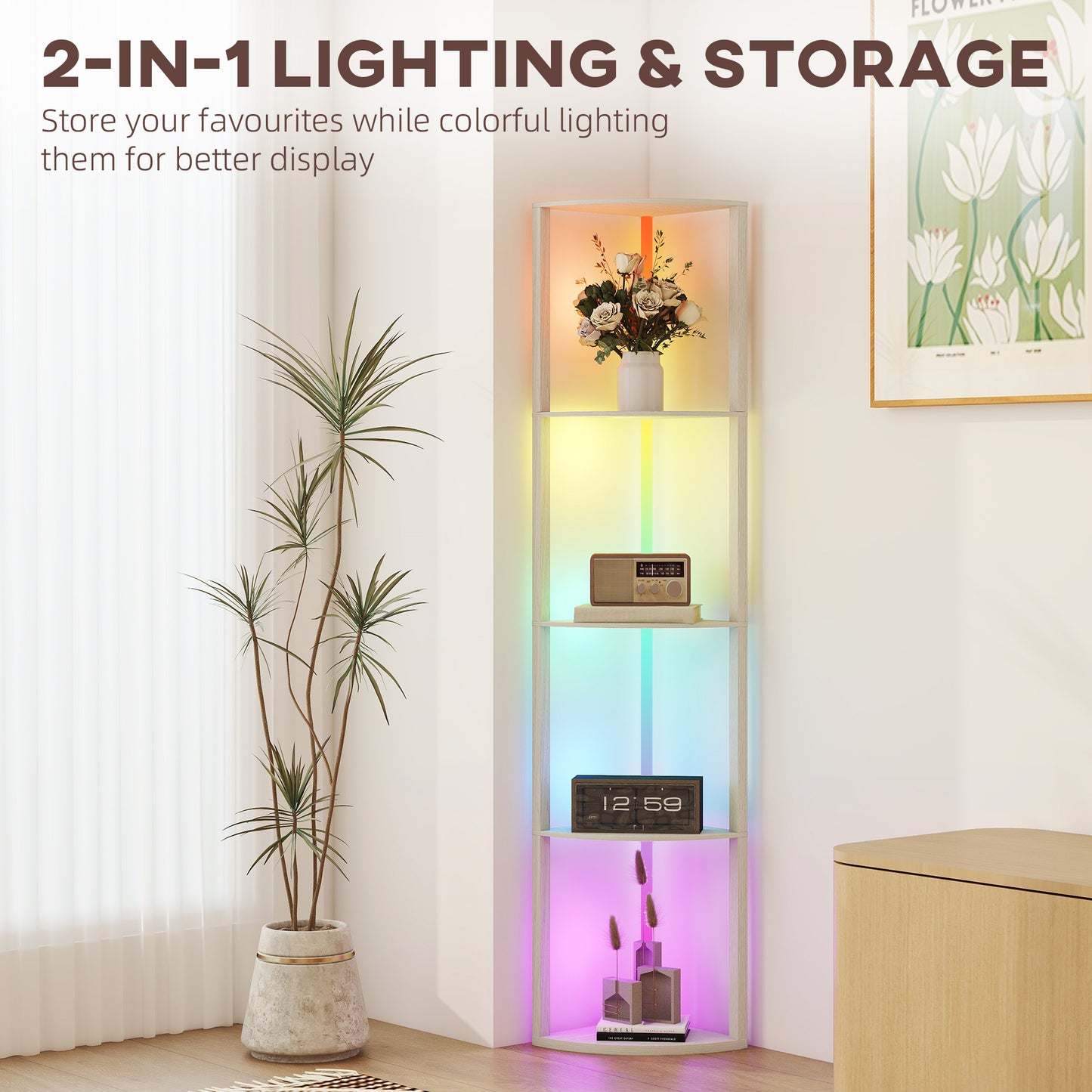 HOMCOM RGB LED Floor Lamp With Shelves Oak Finish 4 Tier Dimmable Standing Lamp With Remote Control