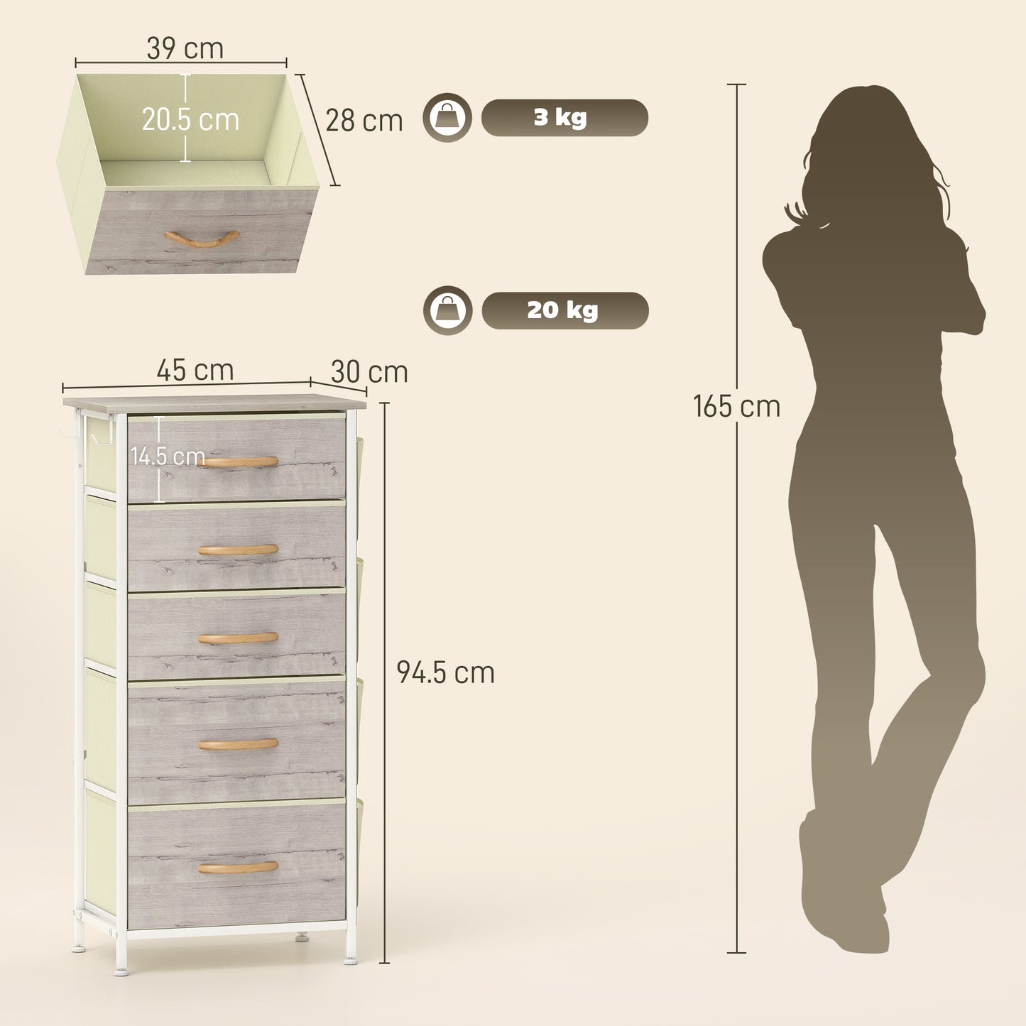 HOMCOM Five Fabric Drawer Chest With Three Small And Two Large Drawers Natural Wood Finish With Steel Frame X Bars