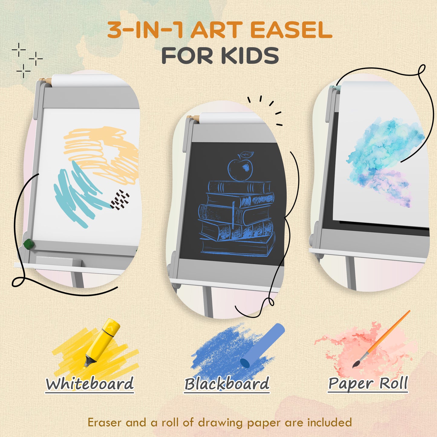 AIYAPLAY Art Easel for Kids with Paper Roll 3 in 1 Double Sided Chalkboard Whiteboard Storage Boxes