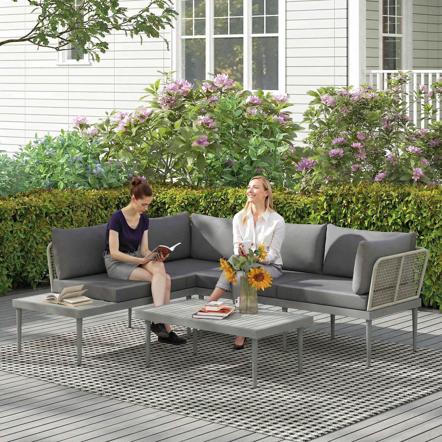 Outsunny Three Piece L Shaped Rattan Sofa Set Grey For Outdoor Patio With Two Loveseats And Long Coffee Table