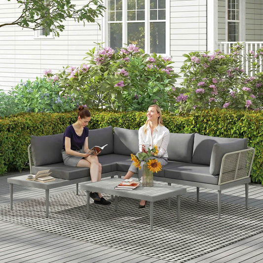 Outsunny Three Piece L Shaped Rattan Sofa Set Grey For Outdoor Patio With Two Loveseats And Long Coffee Table