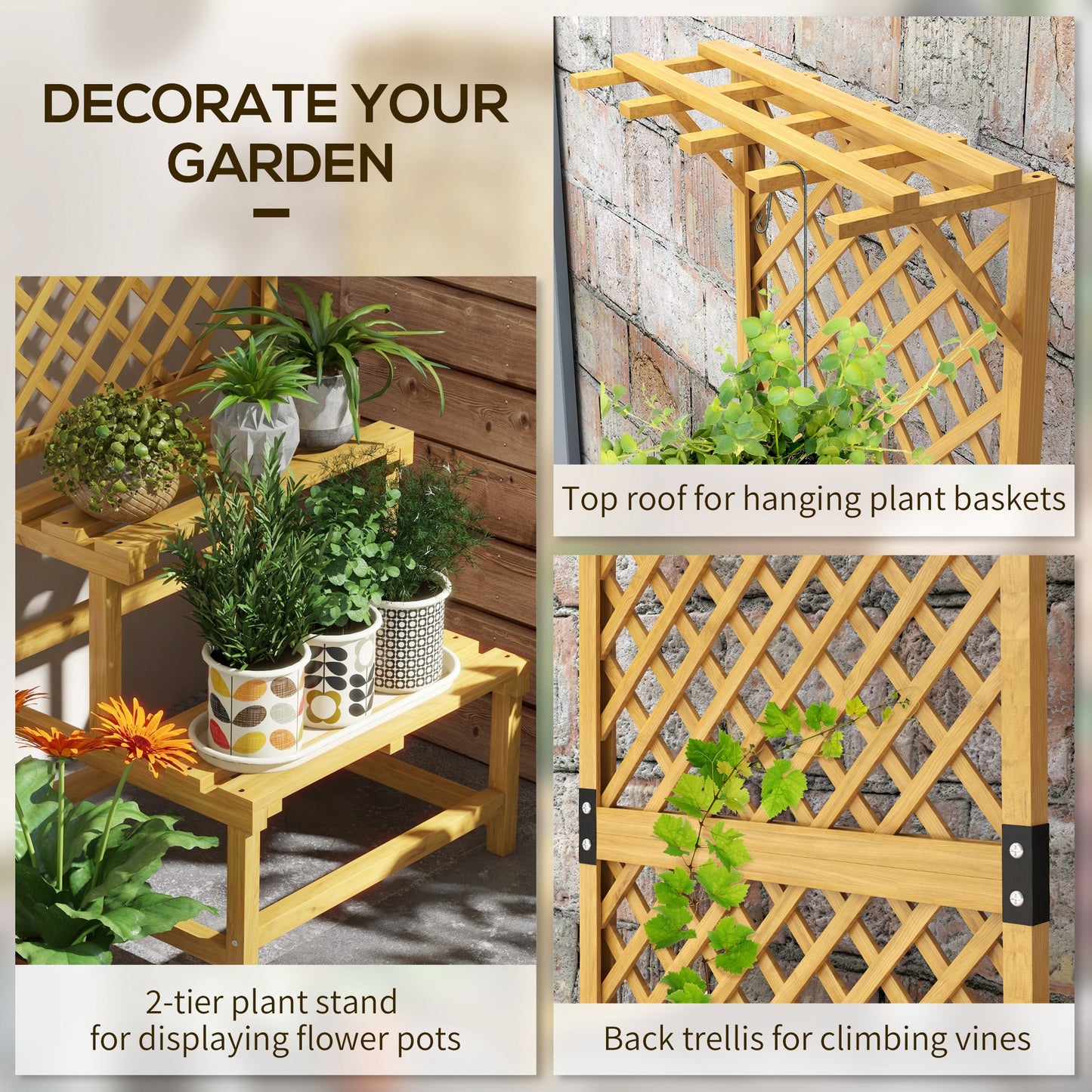 Outsunny Wooden Plant Stand With Trellis Natural Finish Three Part Design For Plants Flowers Vines