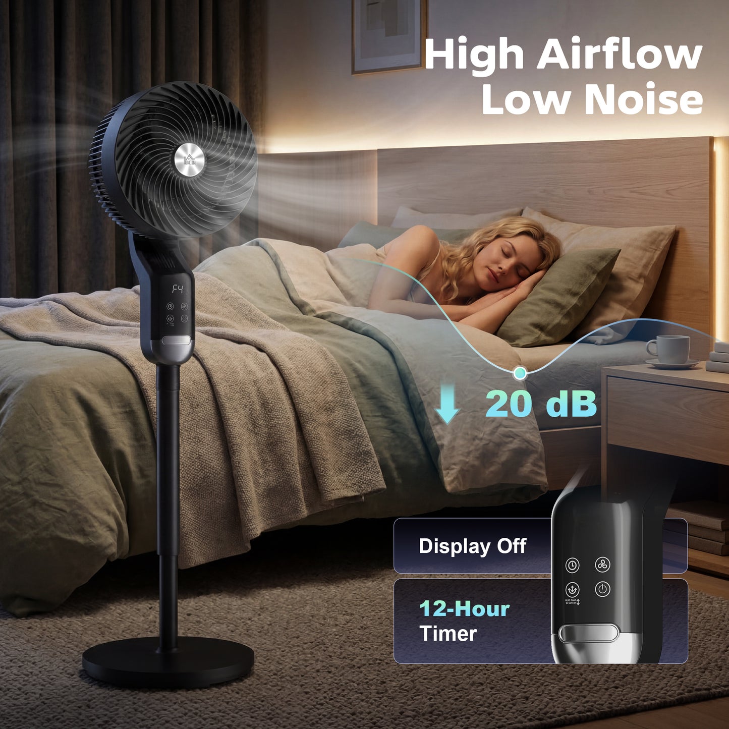 HOMCOM 20 DB Silent Standing Pedestal Fan With Remote 8 Speed Settings 3D Oscillation Adjustable Height 12H Timer