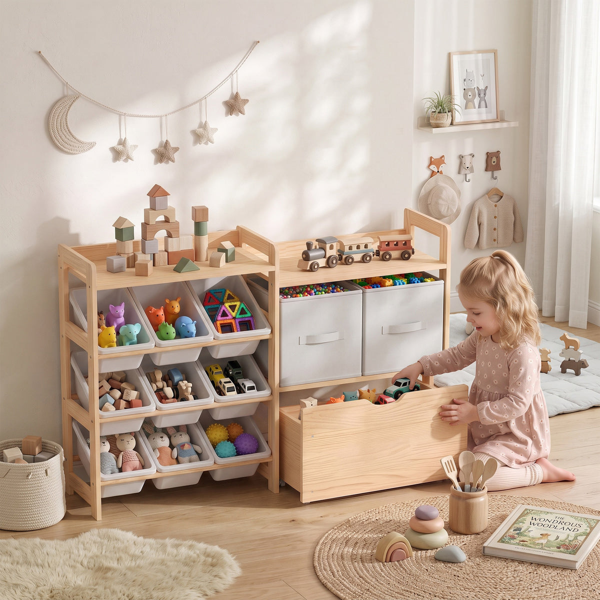 Light wood toy storage cabinet with open cubbies and two front drawers for kids toys