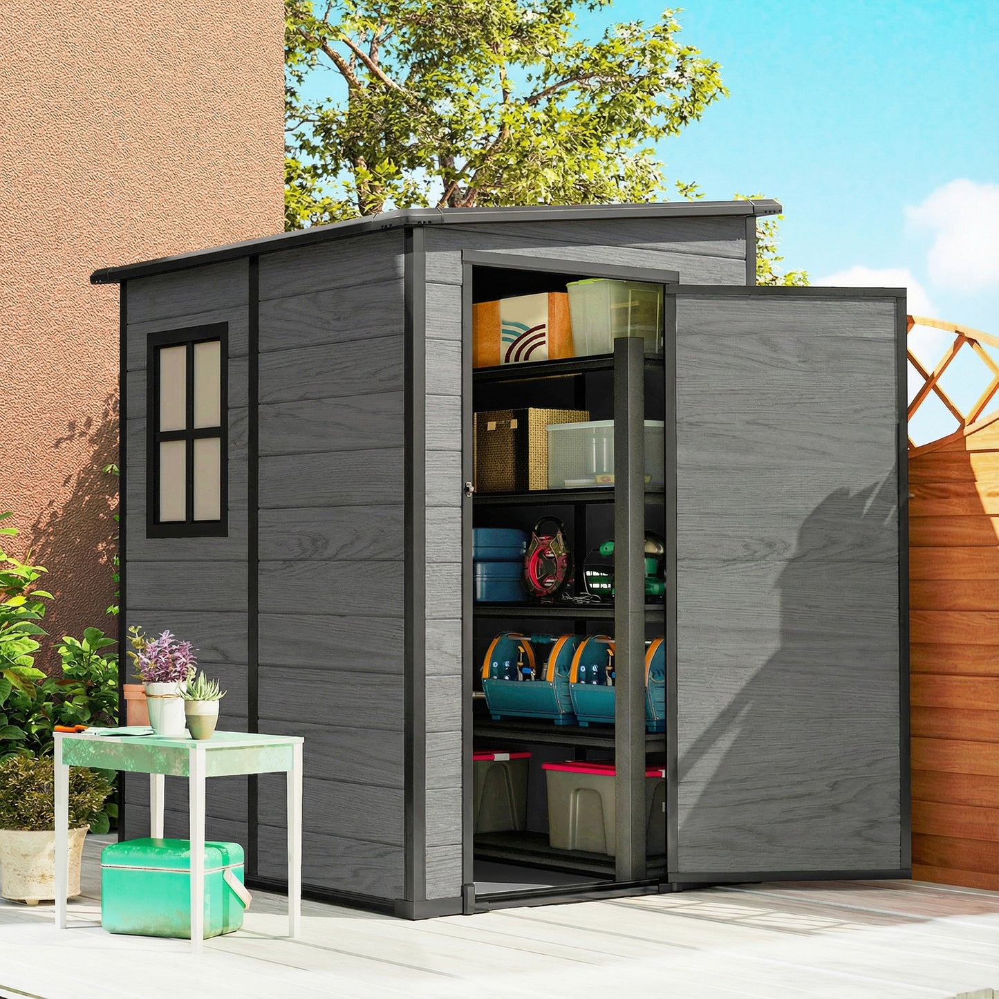 Outsunny 4x5 Garden Storage Shed Lean To Lockable Shed With Window Vent And Plastic Roof Wood Effect