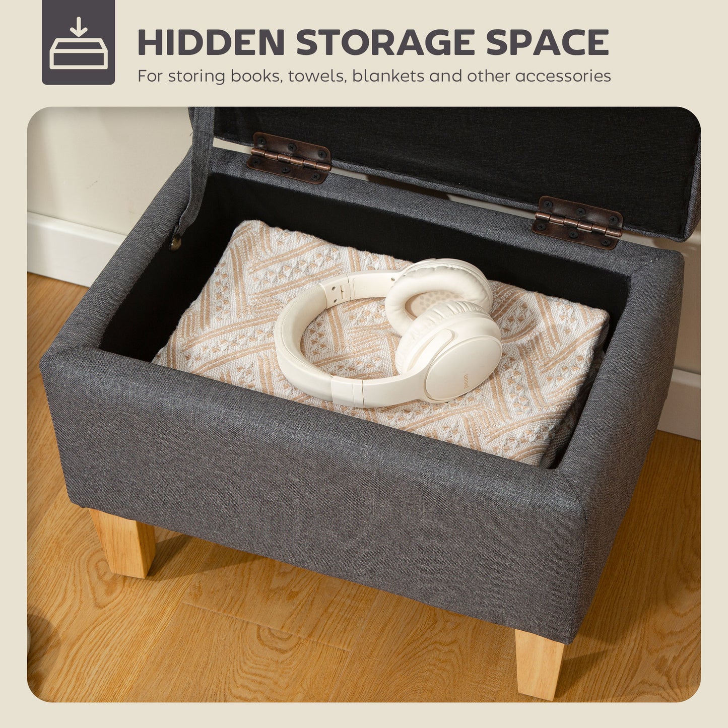 Homcom 16L Linen Storage Ottoman With Padded Seat And Rubberwood Legs Bed End Shoe Bench Charcoal Grey