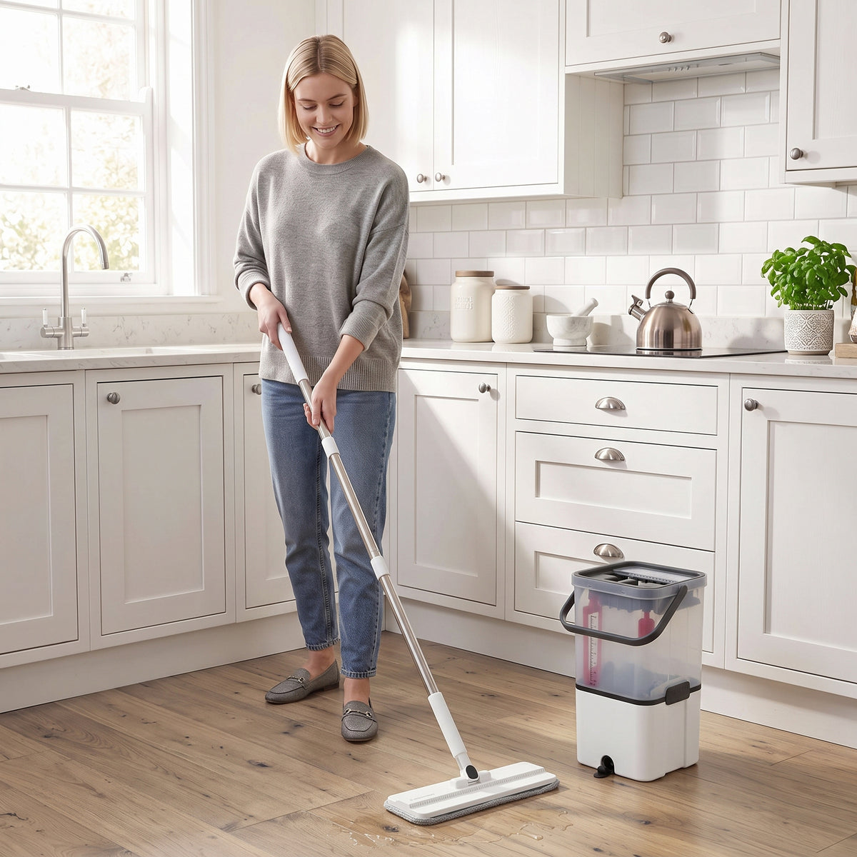 Flat mop with bucket and dual-chamber wringer, with microfiber cleaning pads and mop head.