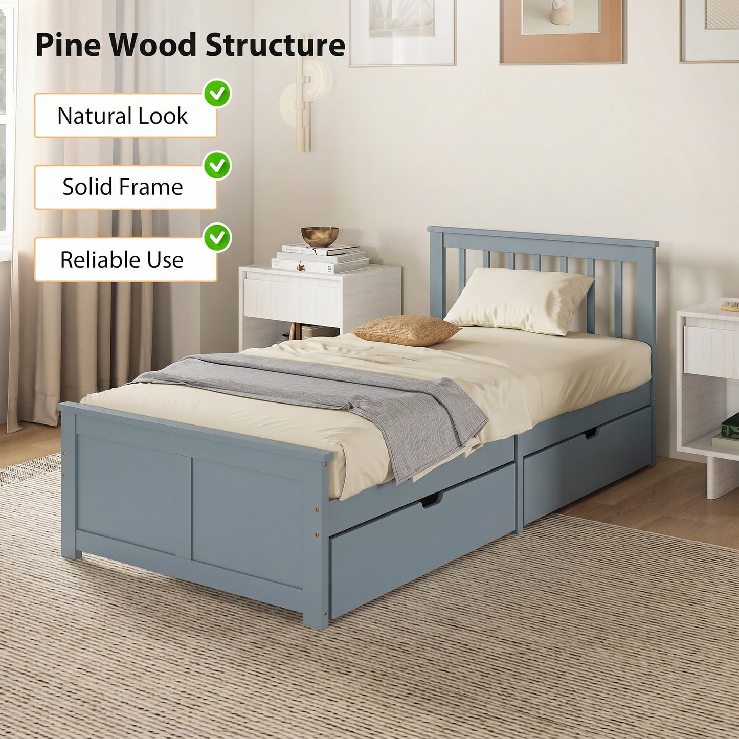 HOMCOM Pine Storage Bed 3ft Single Solid Wooden Bed Frame With Drawers Headboard Wood Slat Support Grey