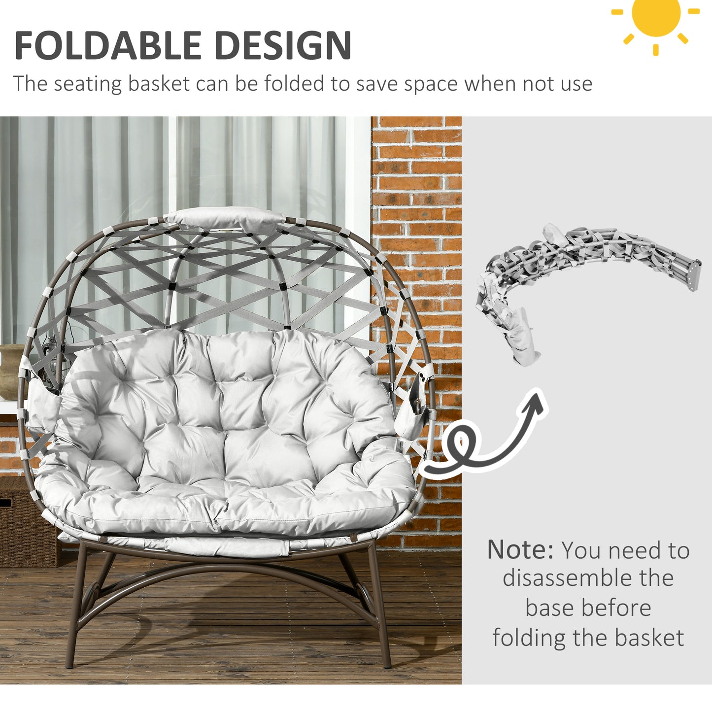 Outsunny 2 Seater Egg Chair Outdoor Folding Weave Garden Furniture With Cushion Cup Pockets Light Grey