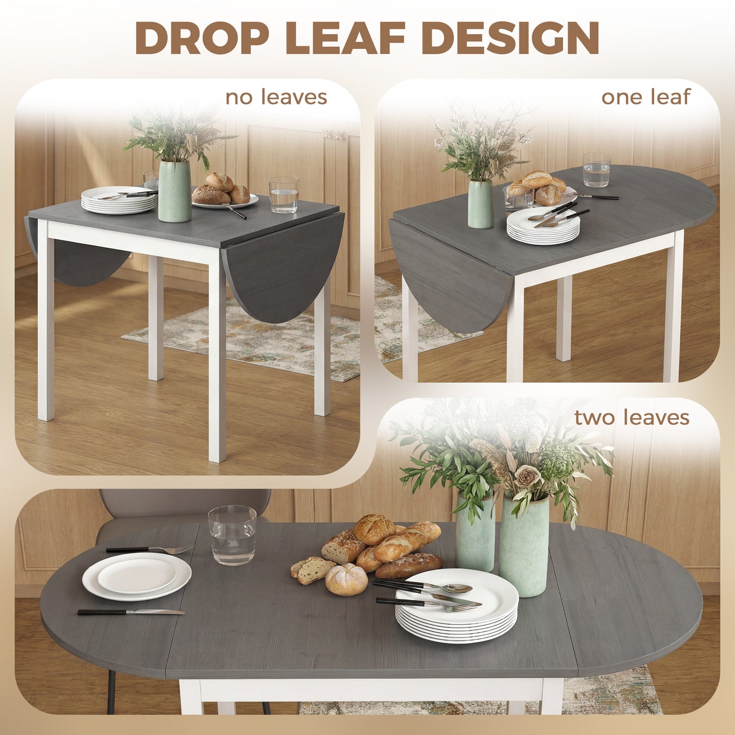HOMCOM 4 To 6 Person Wooden Drop Leaf Dining Table Grey Finish Extendable Space Saving