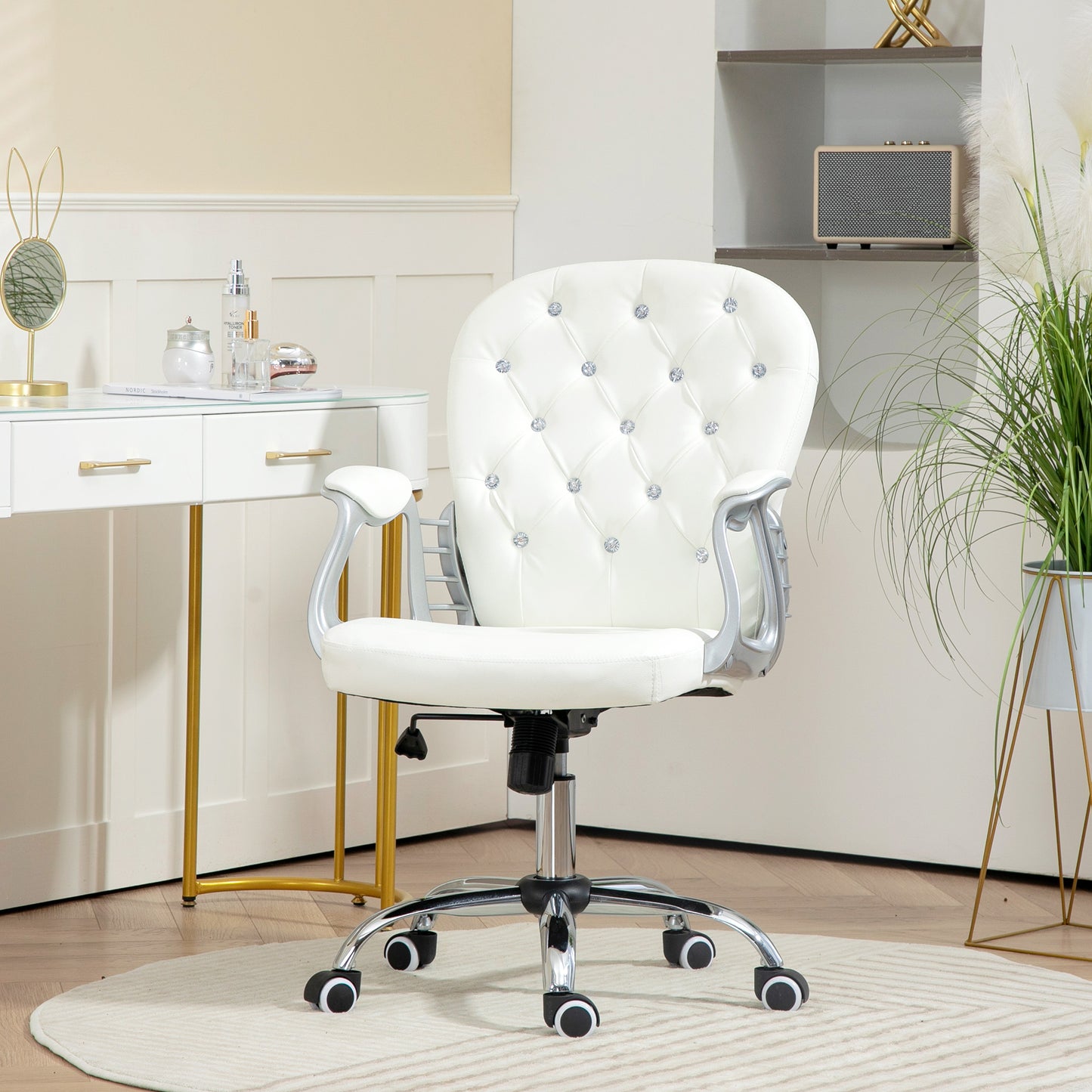 Vinsetto Glamorous Ergonomic Office Chair with Diamante Tufting and 360° Swivel - White PU Upholstery - ALL4U RETAILER LTD