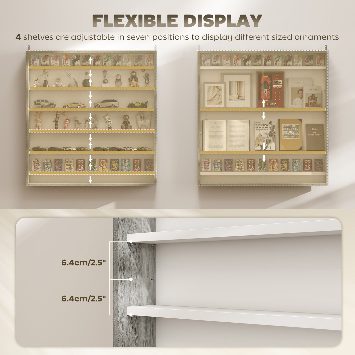 HOMCOM Six Shelf Display Cabinet with Glass Doors Graphite Wood Effect Wall Mounted