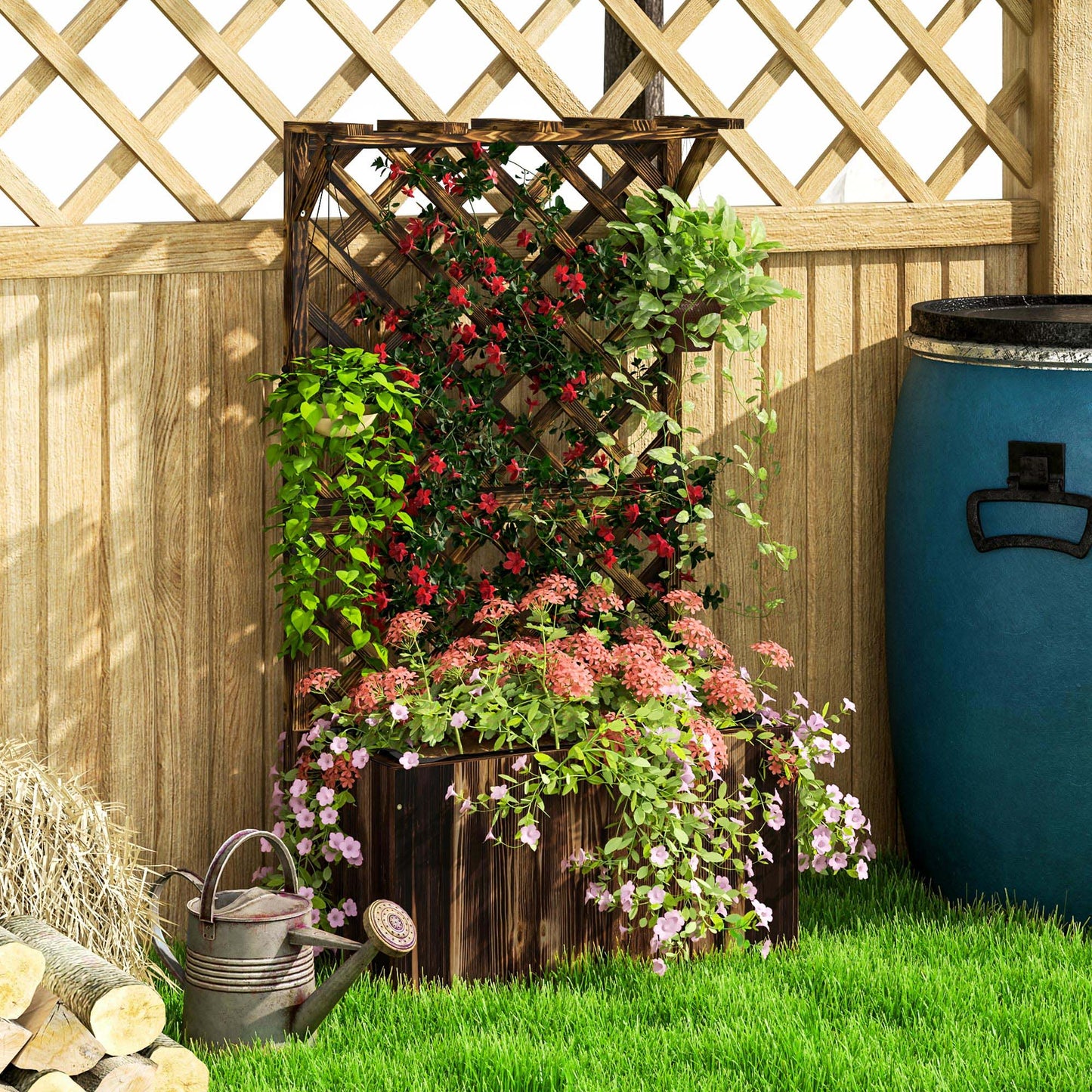 Outsunny Wooden Planter With Trellis Freestanding Raised Garden Bed Drainage Holes Liner For Vegetables And Herbs